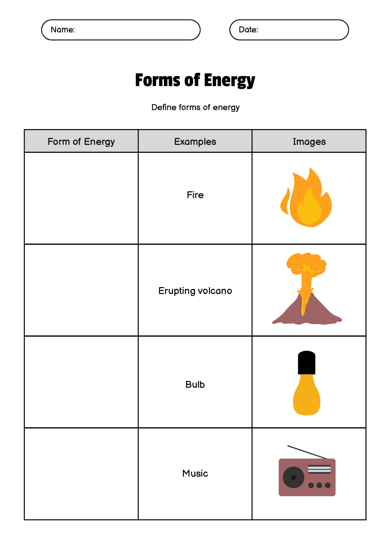 Forms of Energy Science Worksheets