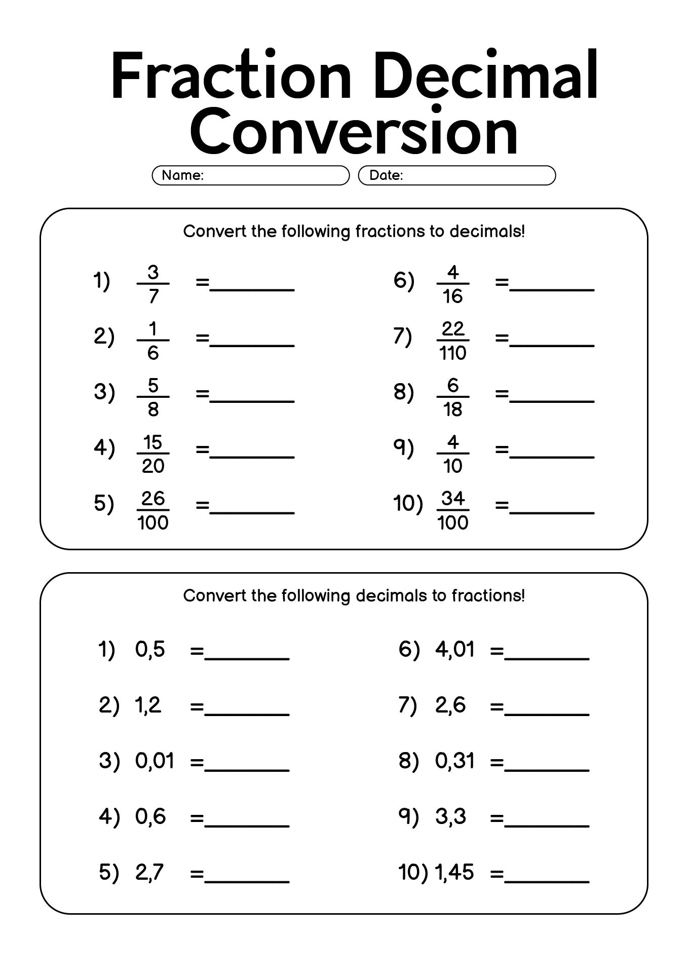 Fraction Decimal Conversion Worksheets for 7th Graders