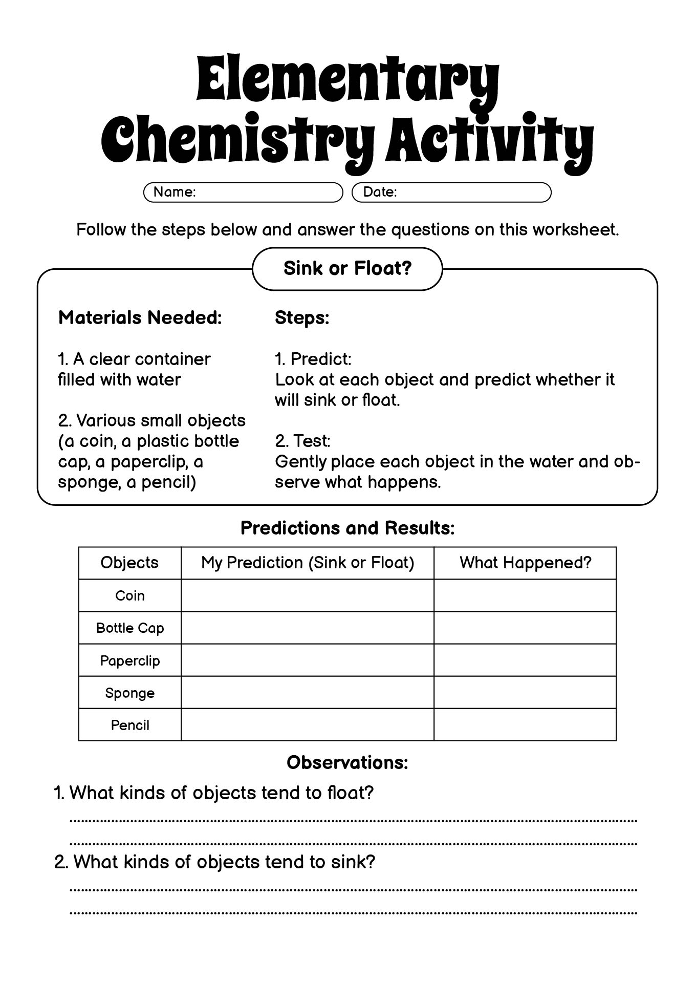 Fun and Engaging Elementary Chemistry Activity Sheets