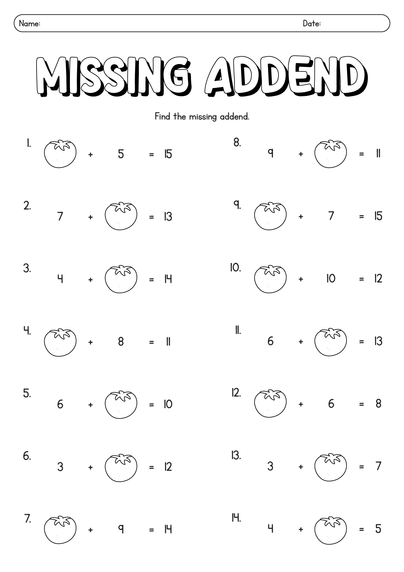 Grade 1 Math Worksheets For Missing Addends