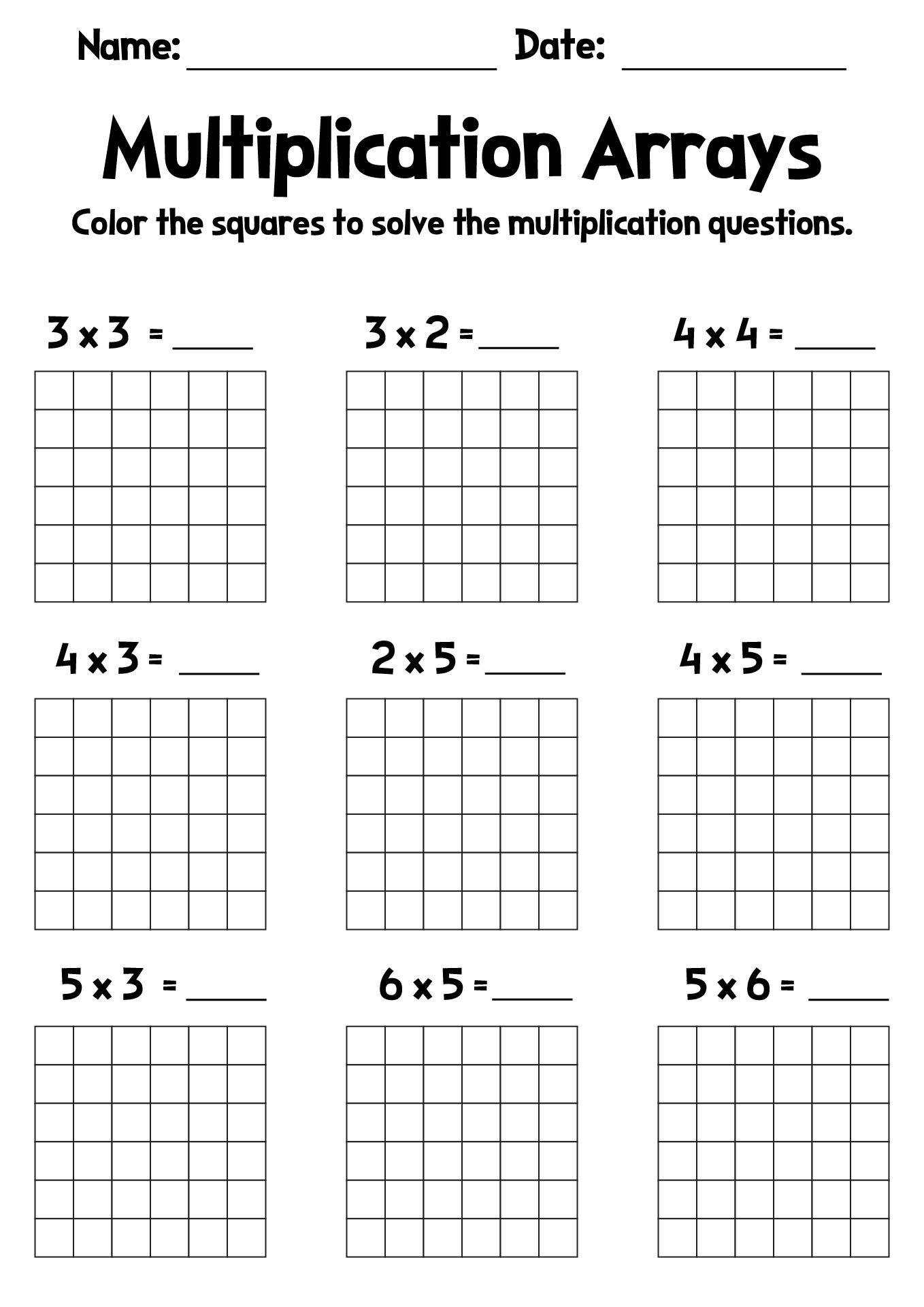 Grade 3 Math Worksheets on Multiplication Arrays