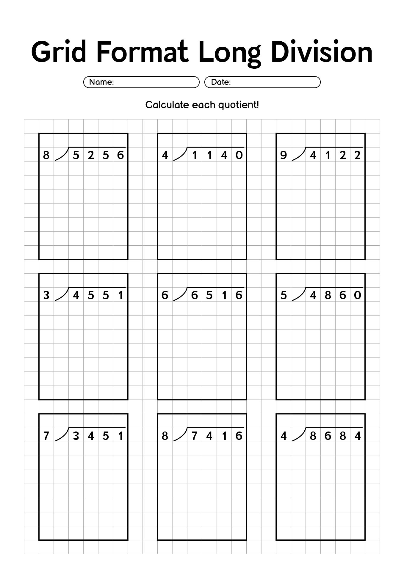 Grade 4 Grid Format Long Division Worksheets