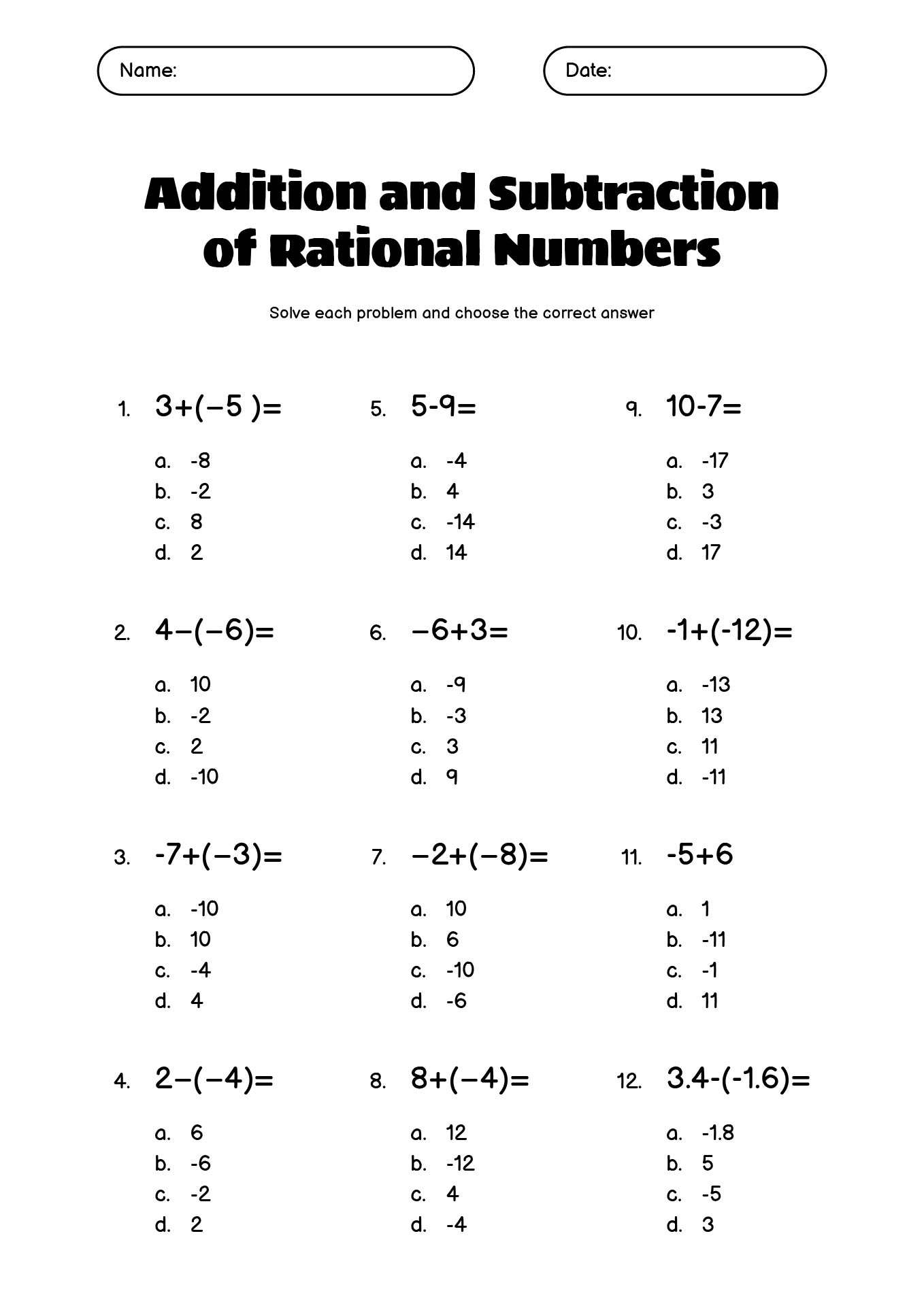 Grade 7 Rational Numbers Worksheets