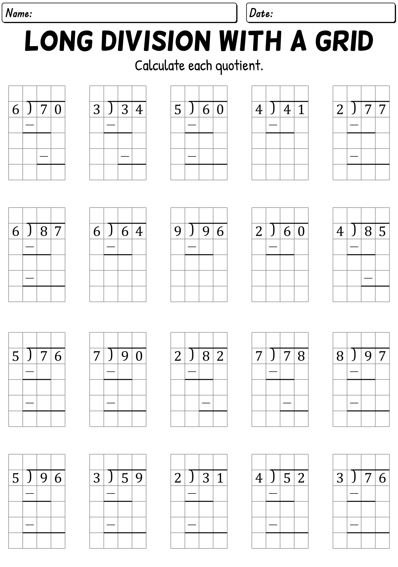 Grid-Assisted Long Division Worksheets for Kids