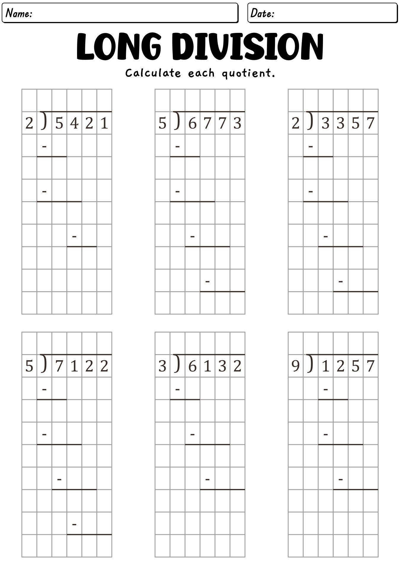 Grid Format Long Division Problem Worksheets