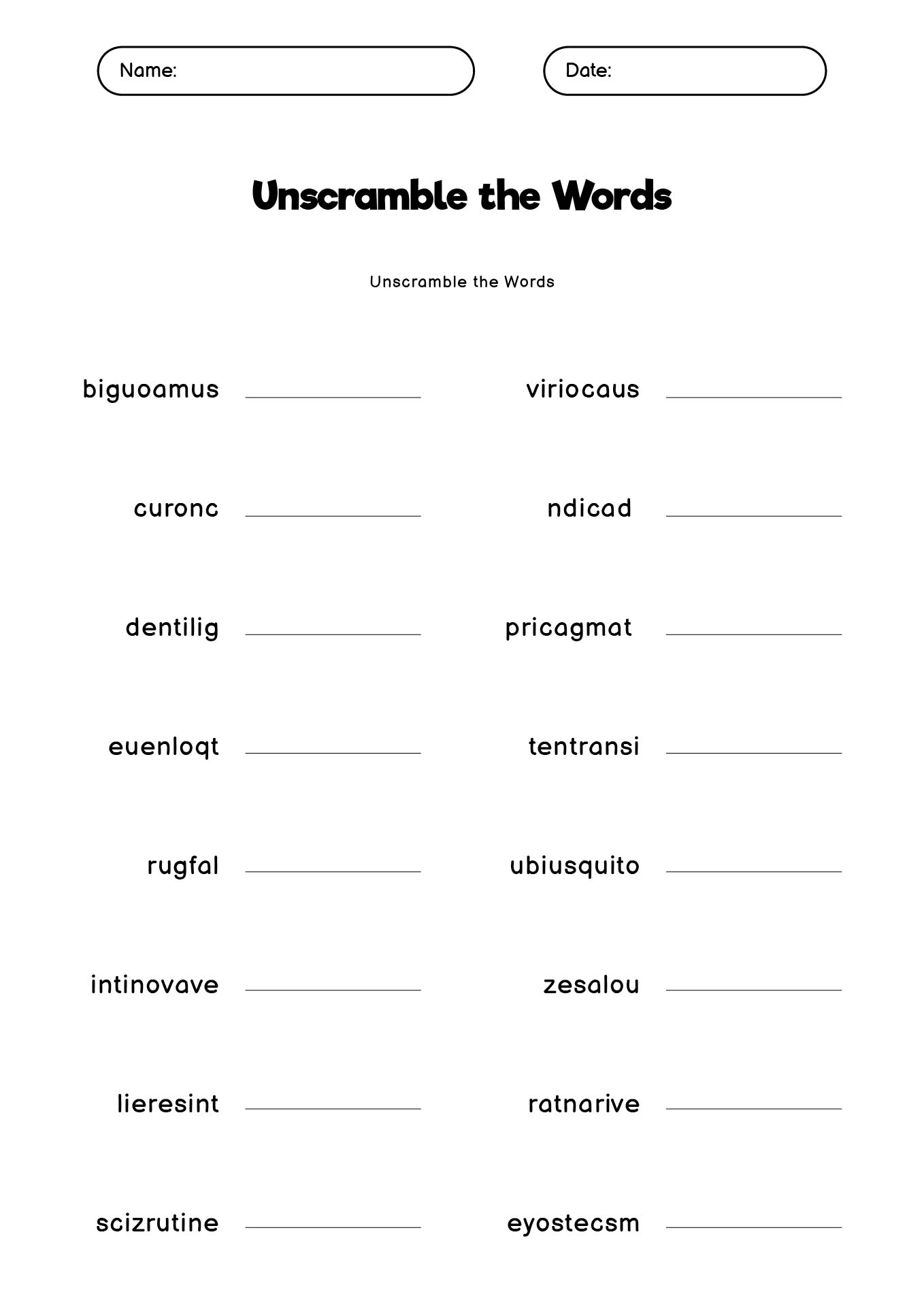 High School English Printable Worksheets