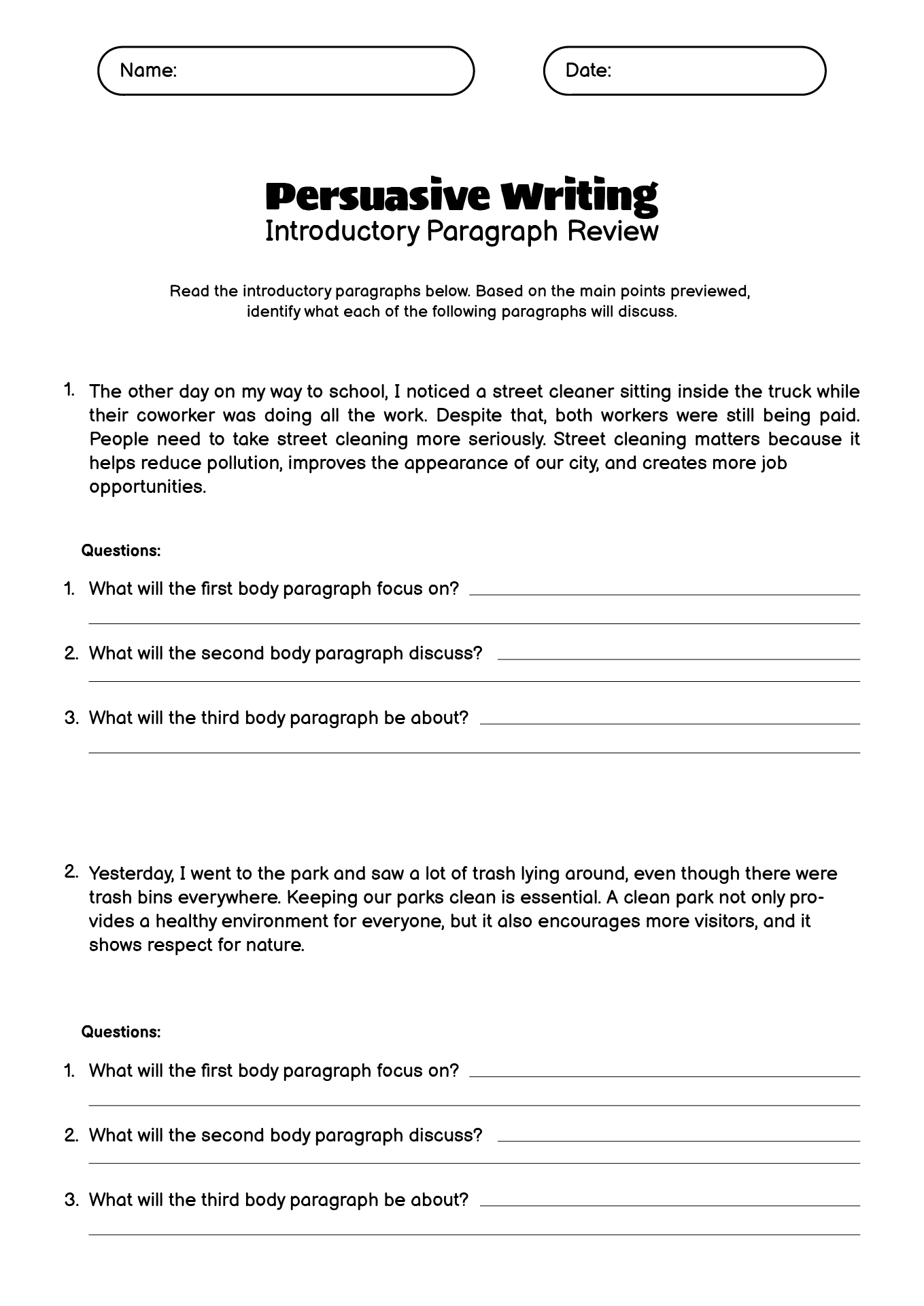 High School Introductory Paragraph Exercises