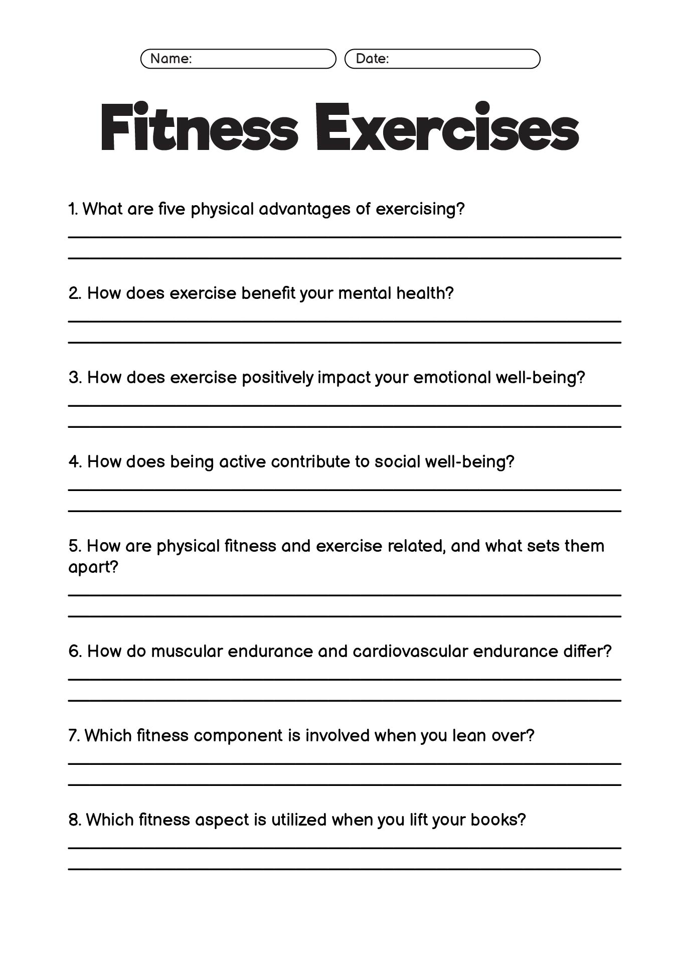 High School PE Fitness Exercises Worksheets