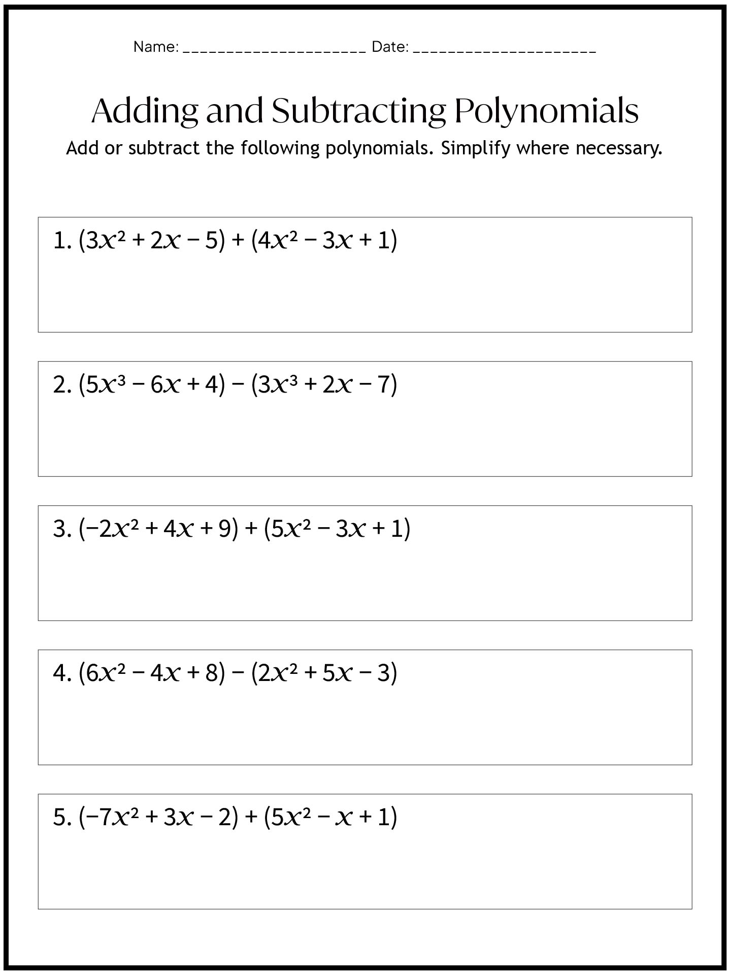 High School Polynomial Practice Worksheets