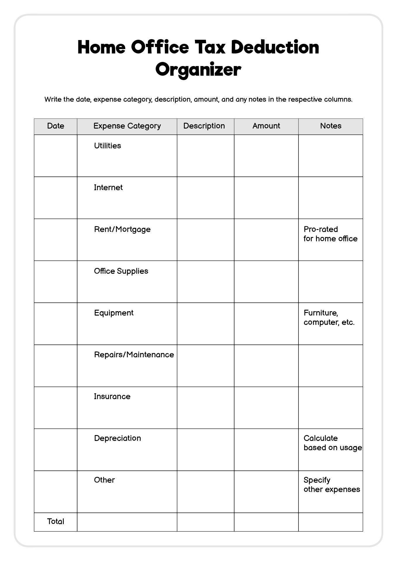 Home Office Tax Deduction Organizer