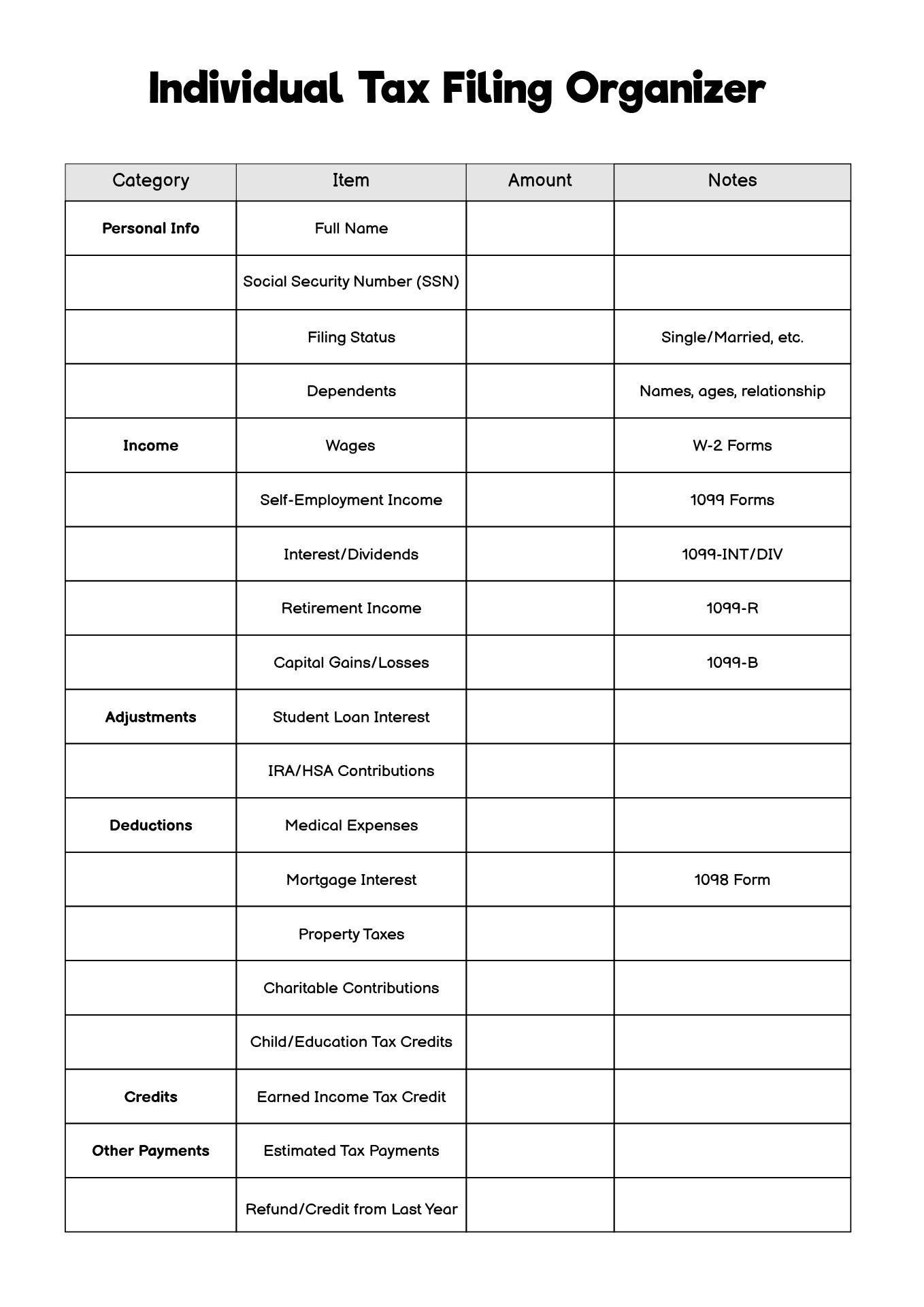 Individual Tax Filing Organizer Spreadsheet