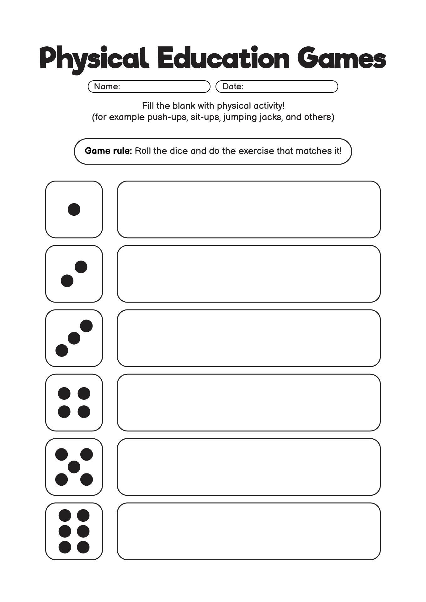 Indoor PE Games Printable Worksheets