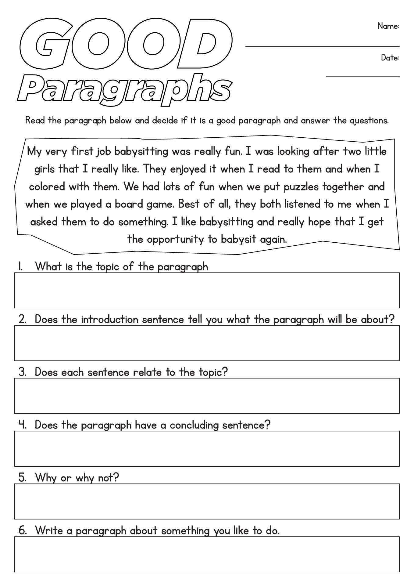 Introduction Paragraph Writing Worksheet