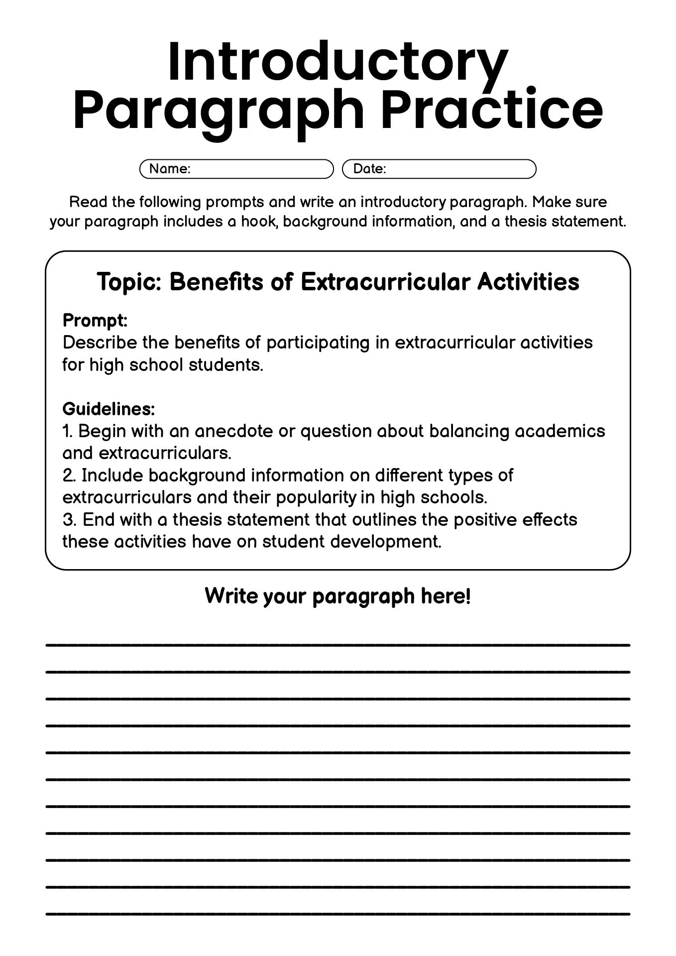 Introductory Paragraph Practice Worksheet for High School