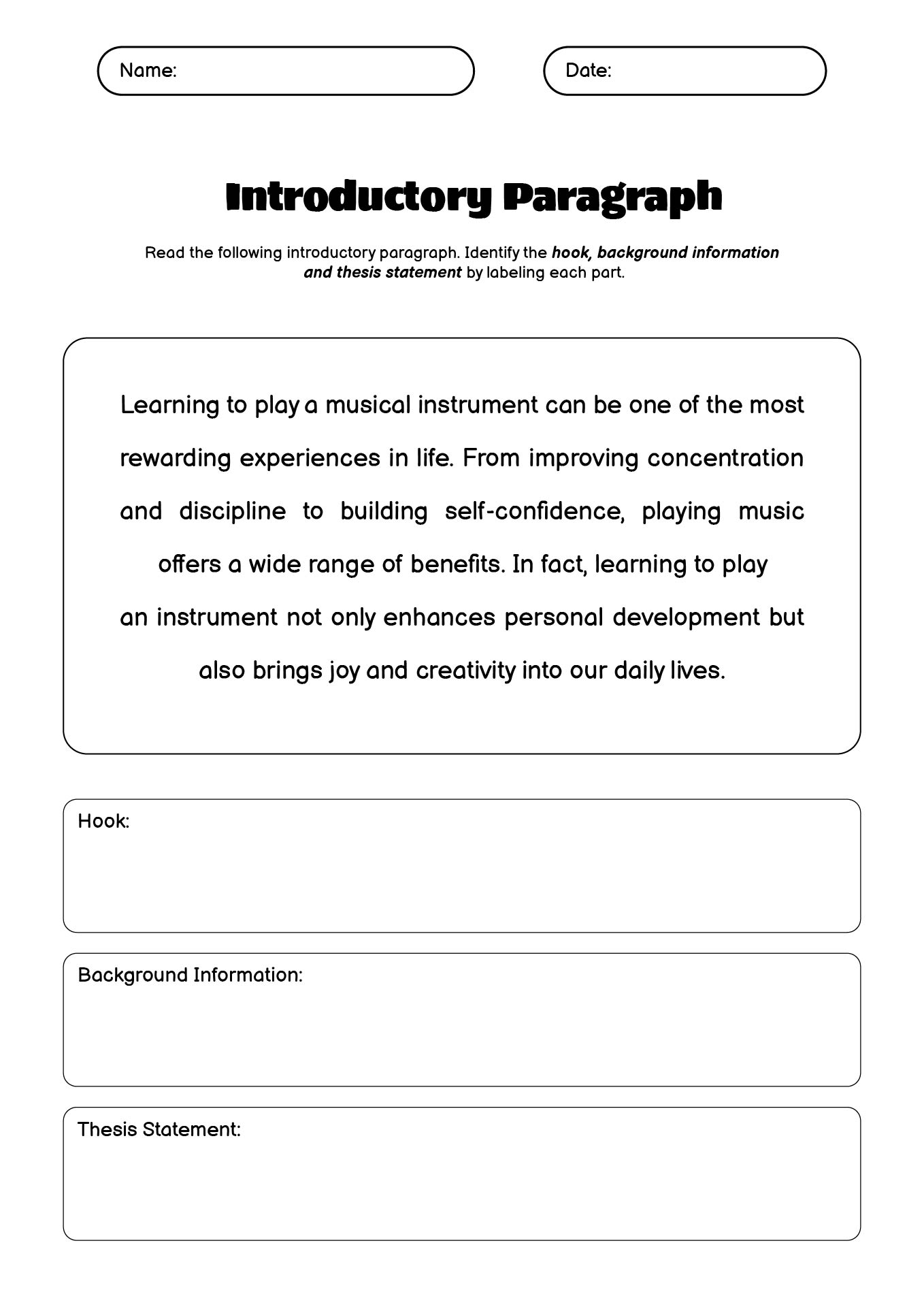 Introductory Paragraph Structure Activities