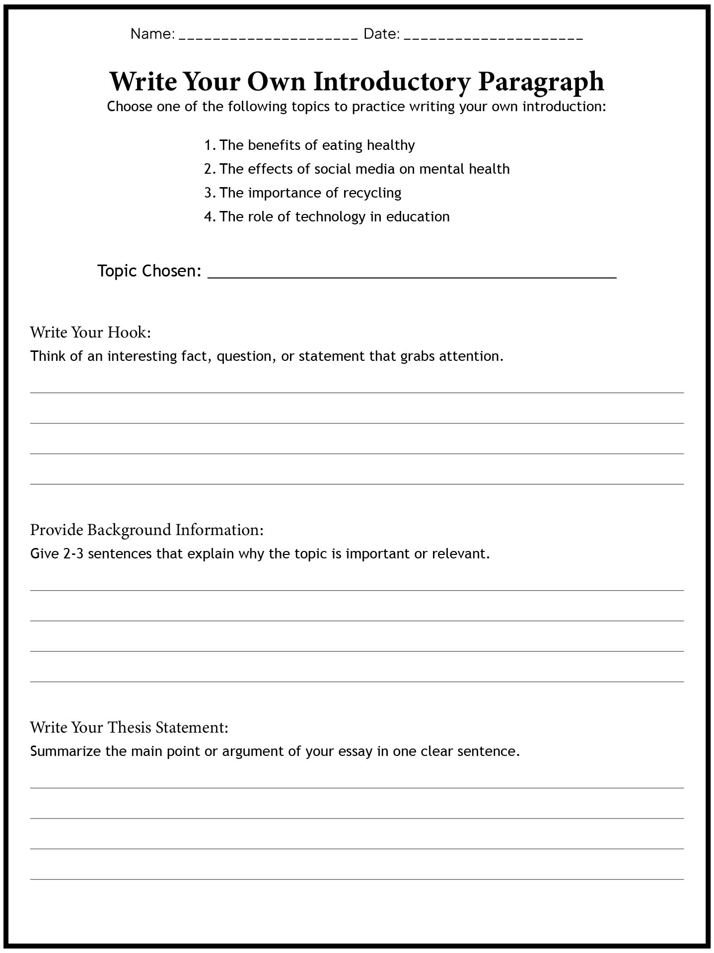 Introductory Paragraph Structure Exercise