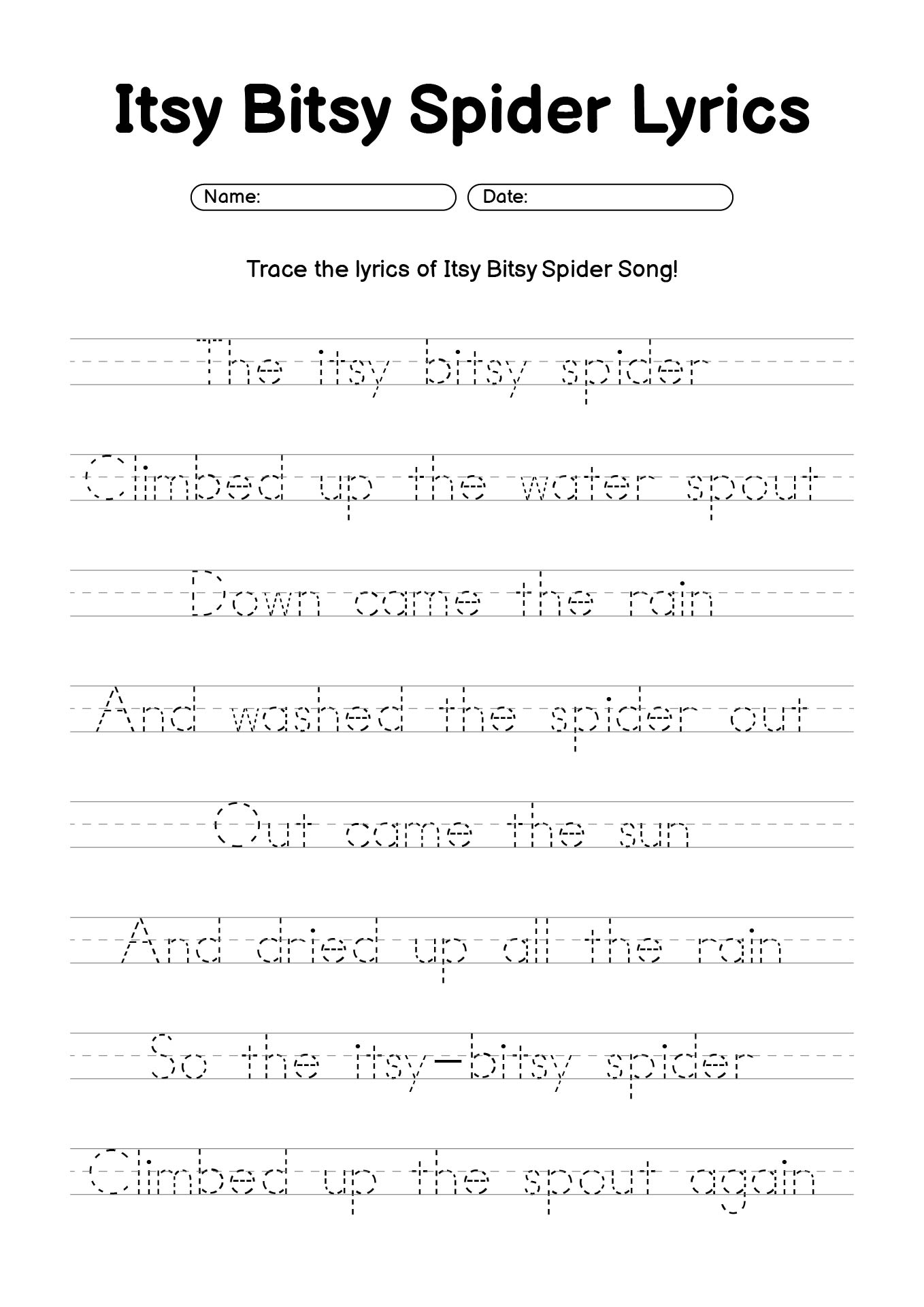 Itsy Bitsy Spider Lyrics and Handwriting Practice