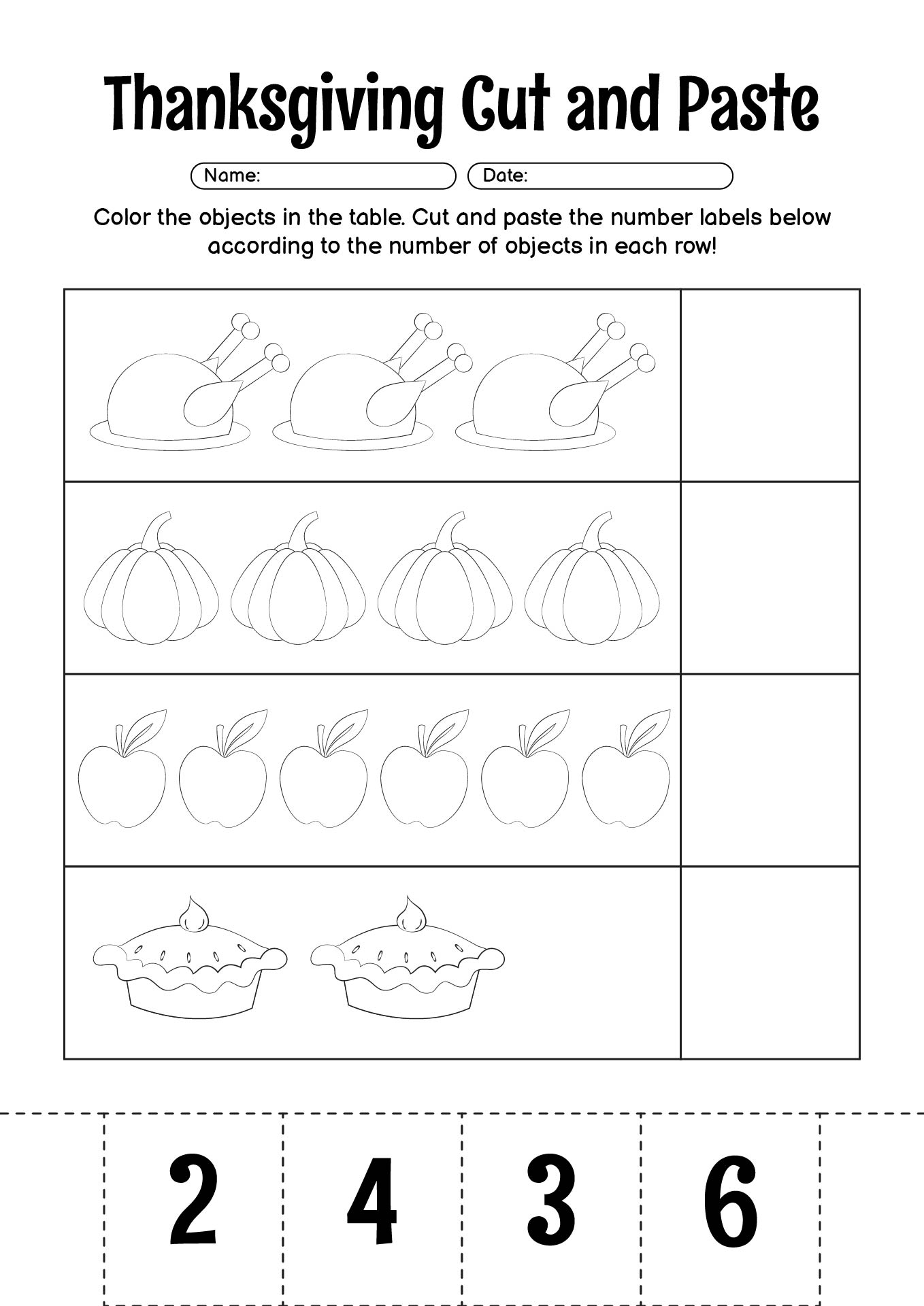 Kindergarten Thanksgiving Color and Glue Worksheets