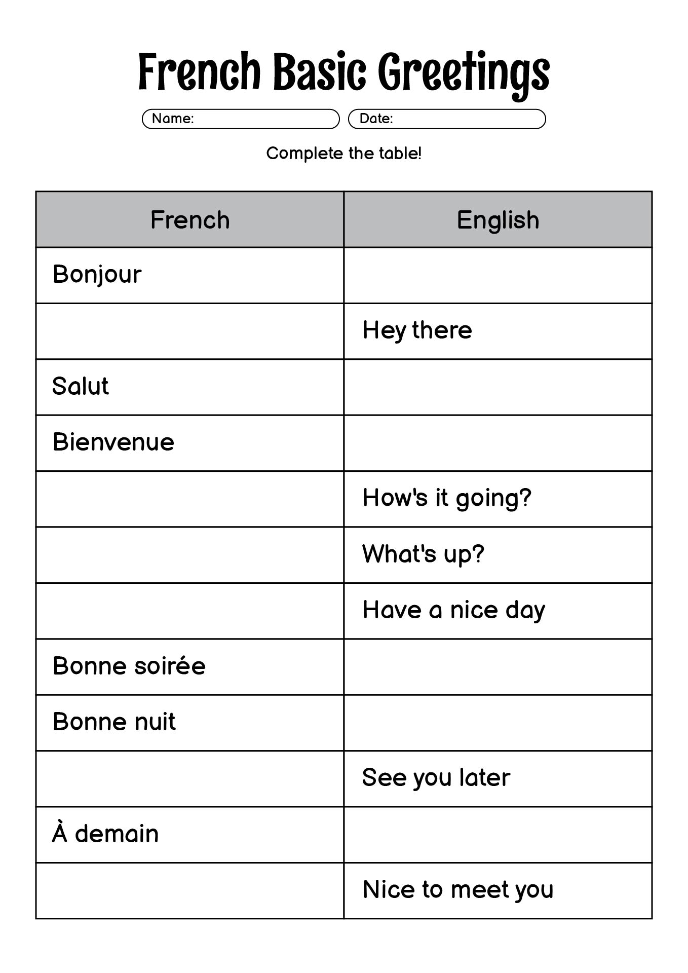 Learn French Basic Greetings Worksheet