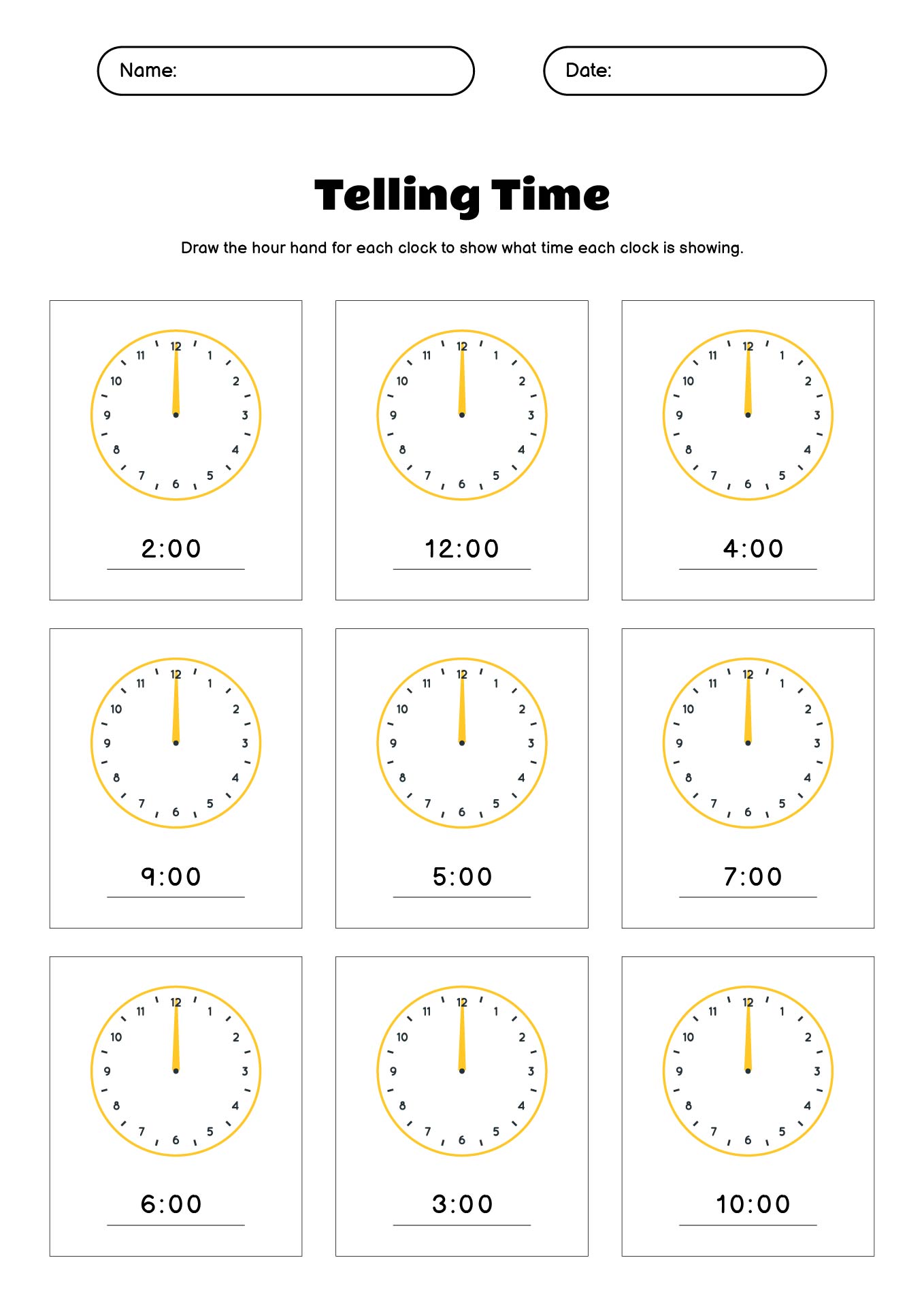 Learning to Tell Time Worksheets for Kids