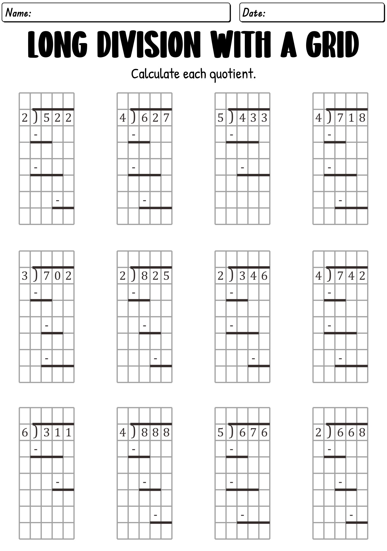 Long Division Practice Worksheets with Grids