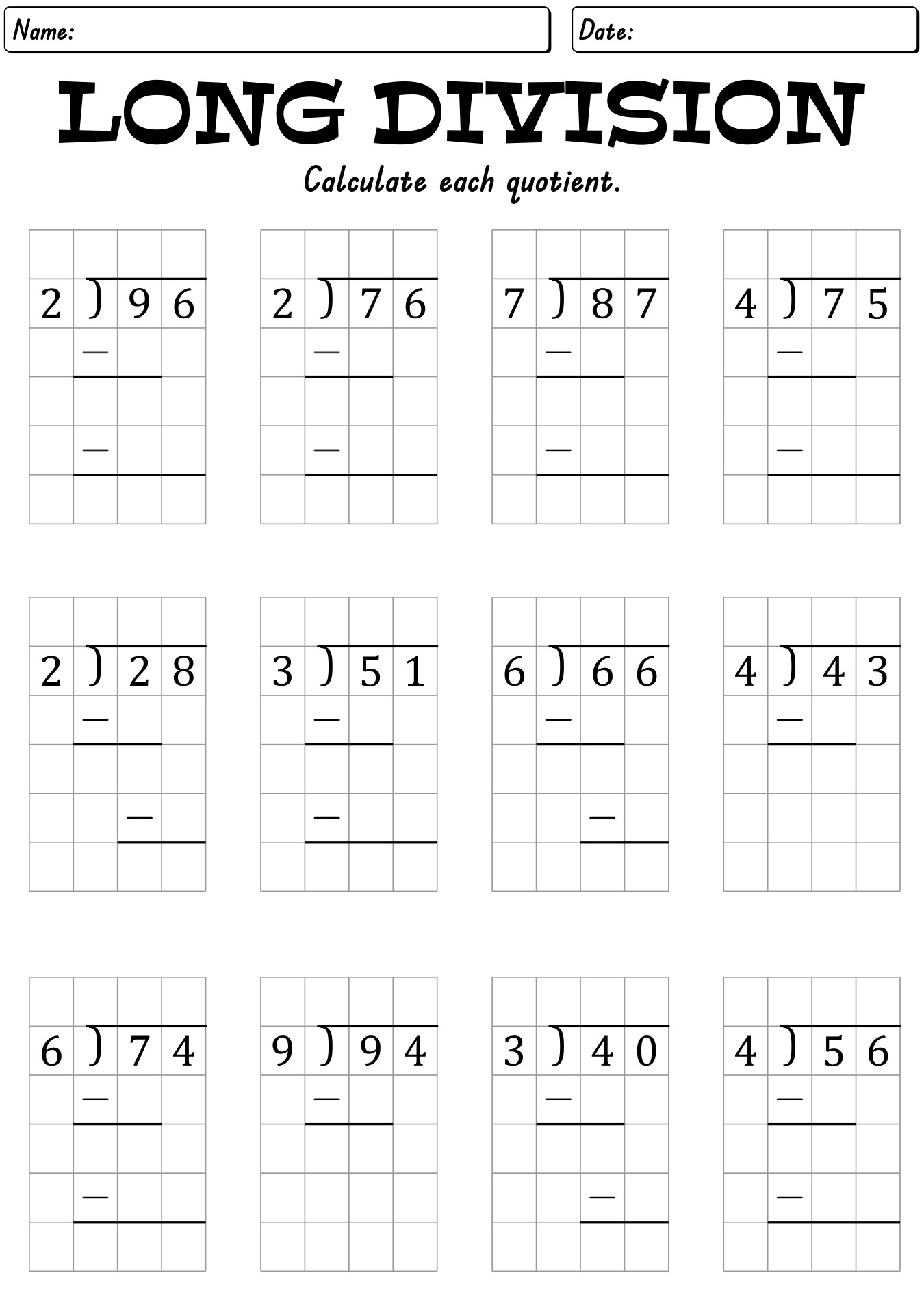 Long Division Worksheets Including Grid Layout