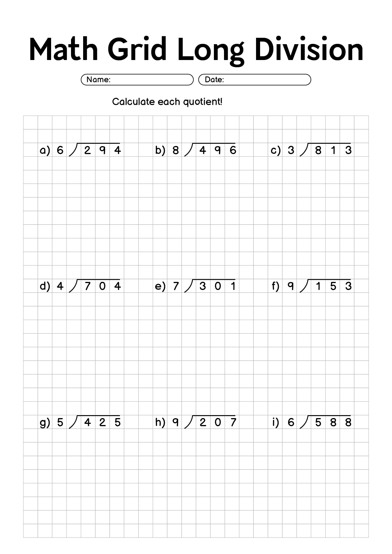 Math Grid Long Division Problems Worksheets