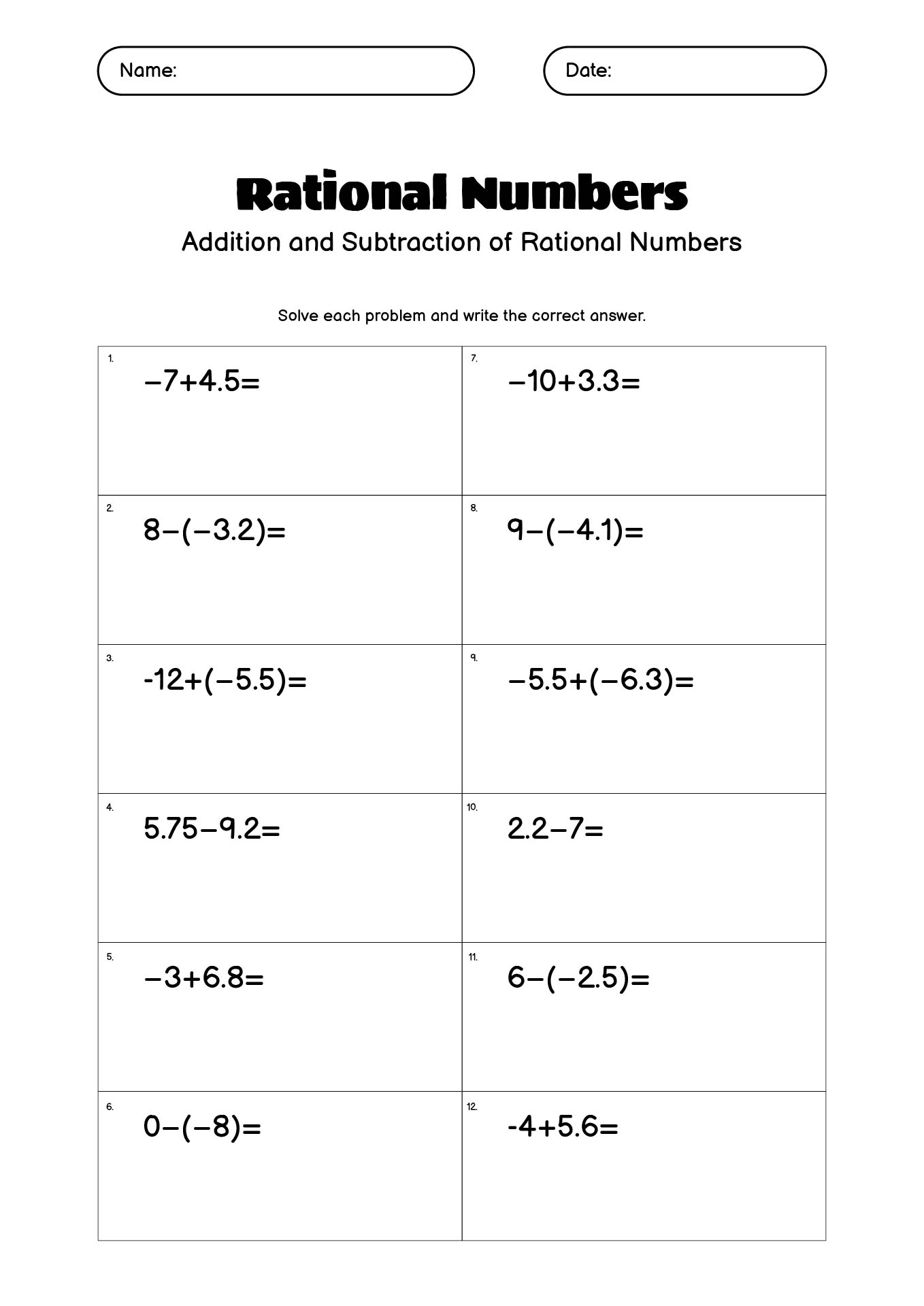 Math Worksheets for 7th Grade Rational Numbers