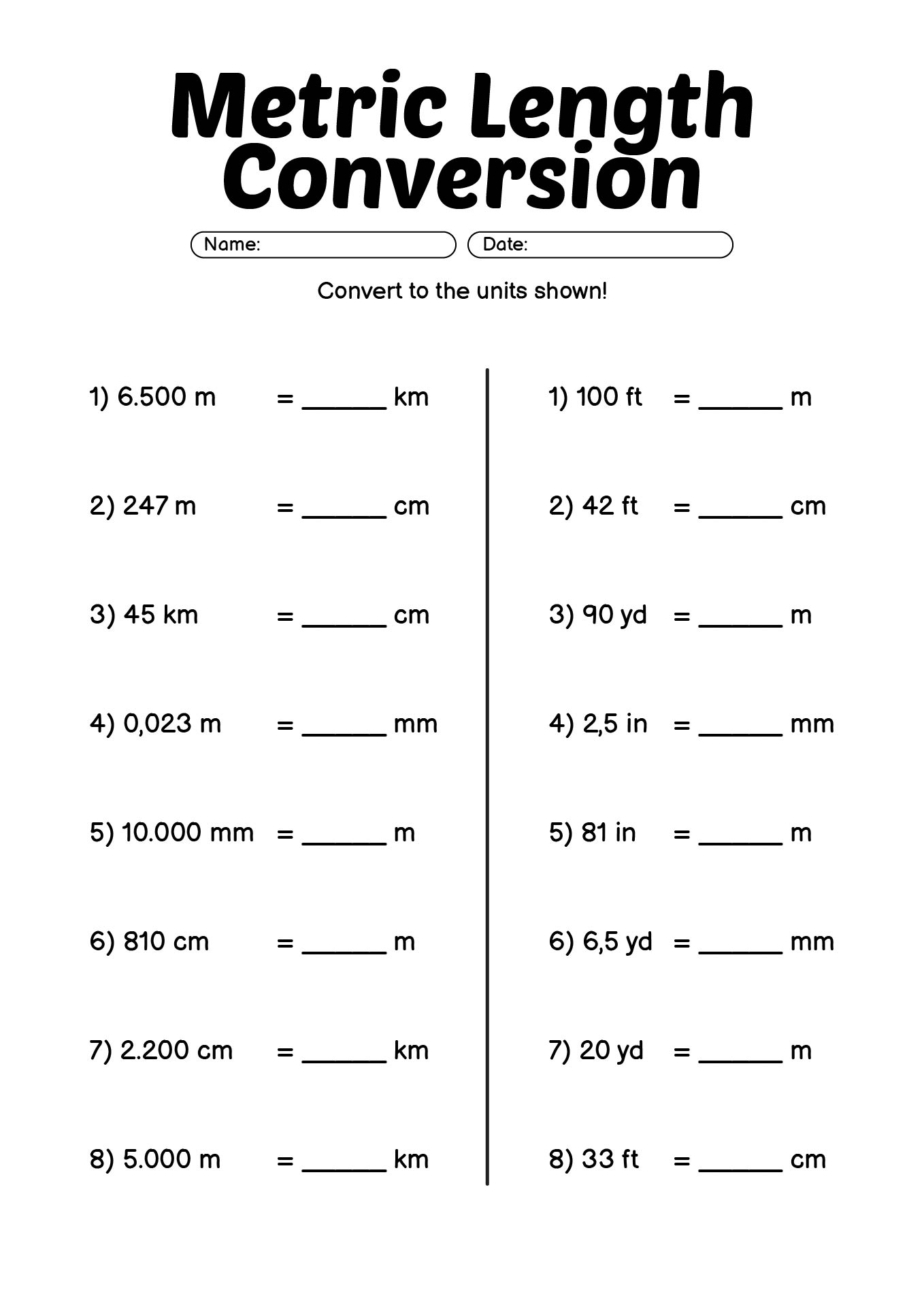 Metric Length Conversion Worksheets for Grade 4