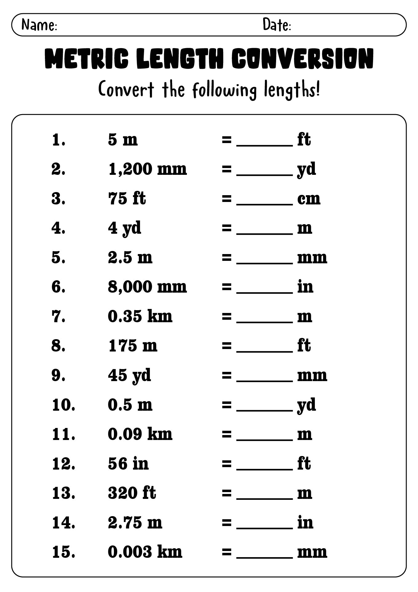 Metric Length Conversion Worksheets