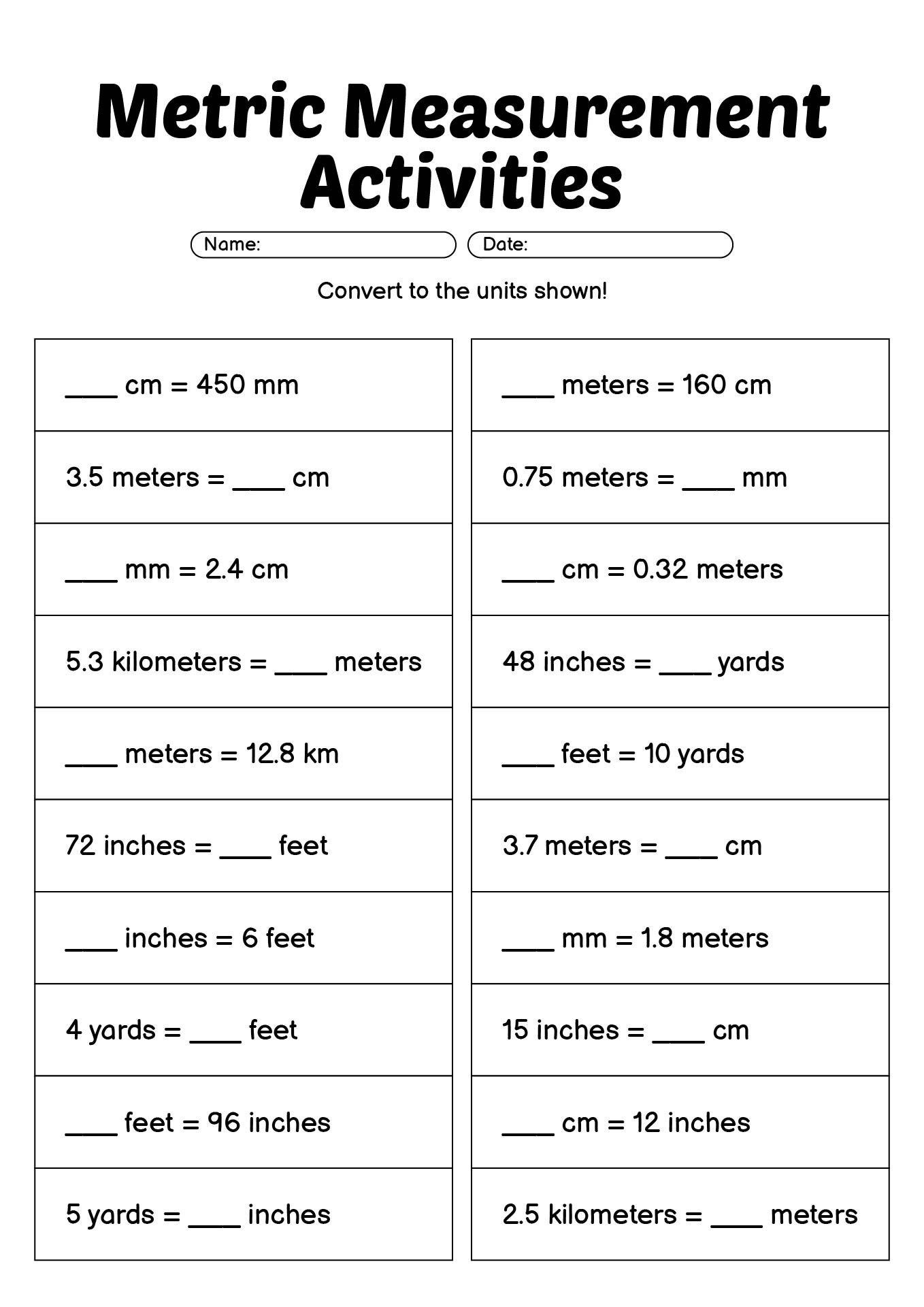 Metric Measurement Activities for 5th Grade Students