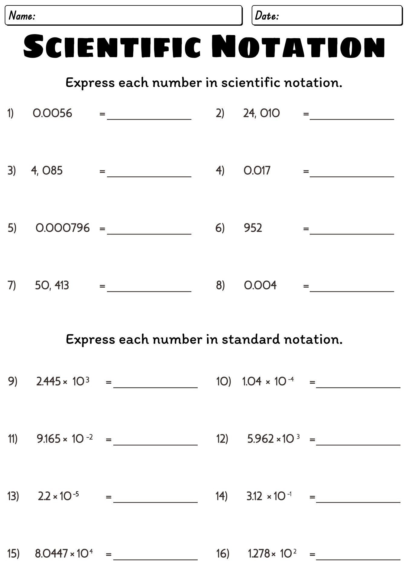 Middle School Scientific Notation Exercises