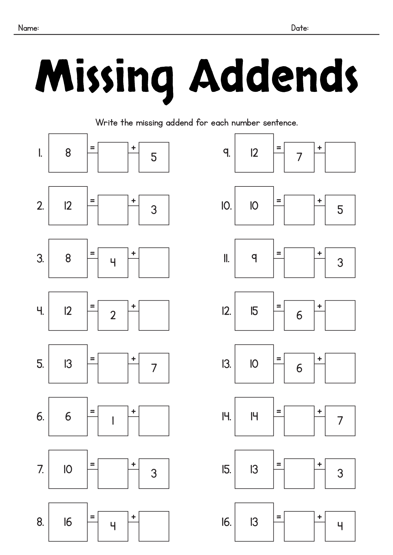 Missing Addends Practice Sheets For 1st Graders