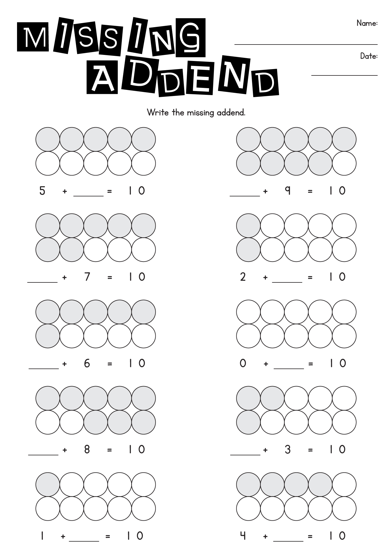 Missing Number Addition Worksheets First Grade