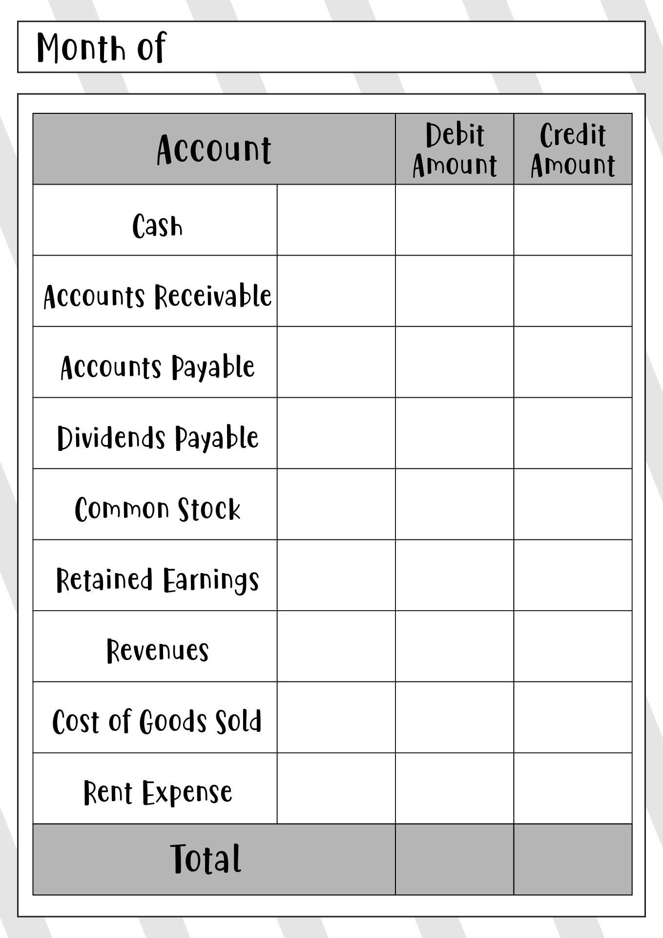 Monthly Accounting Trial Balance Worksheet