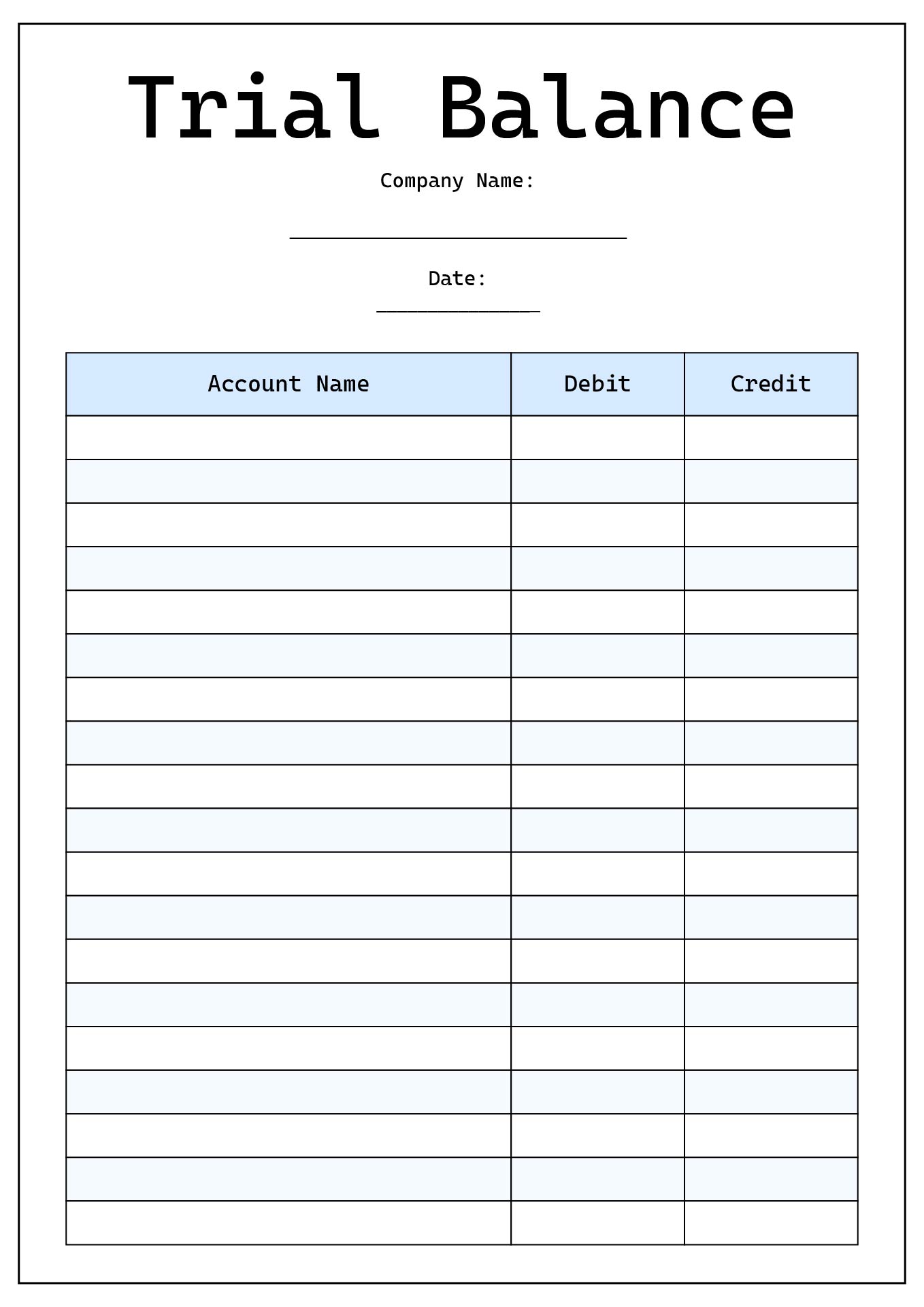 Monthly Trial Balance Worksheet for Accounting