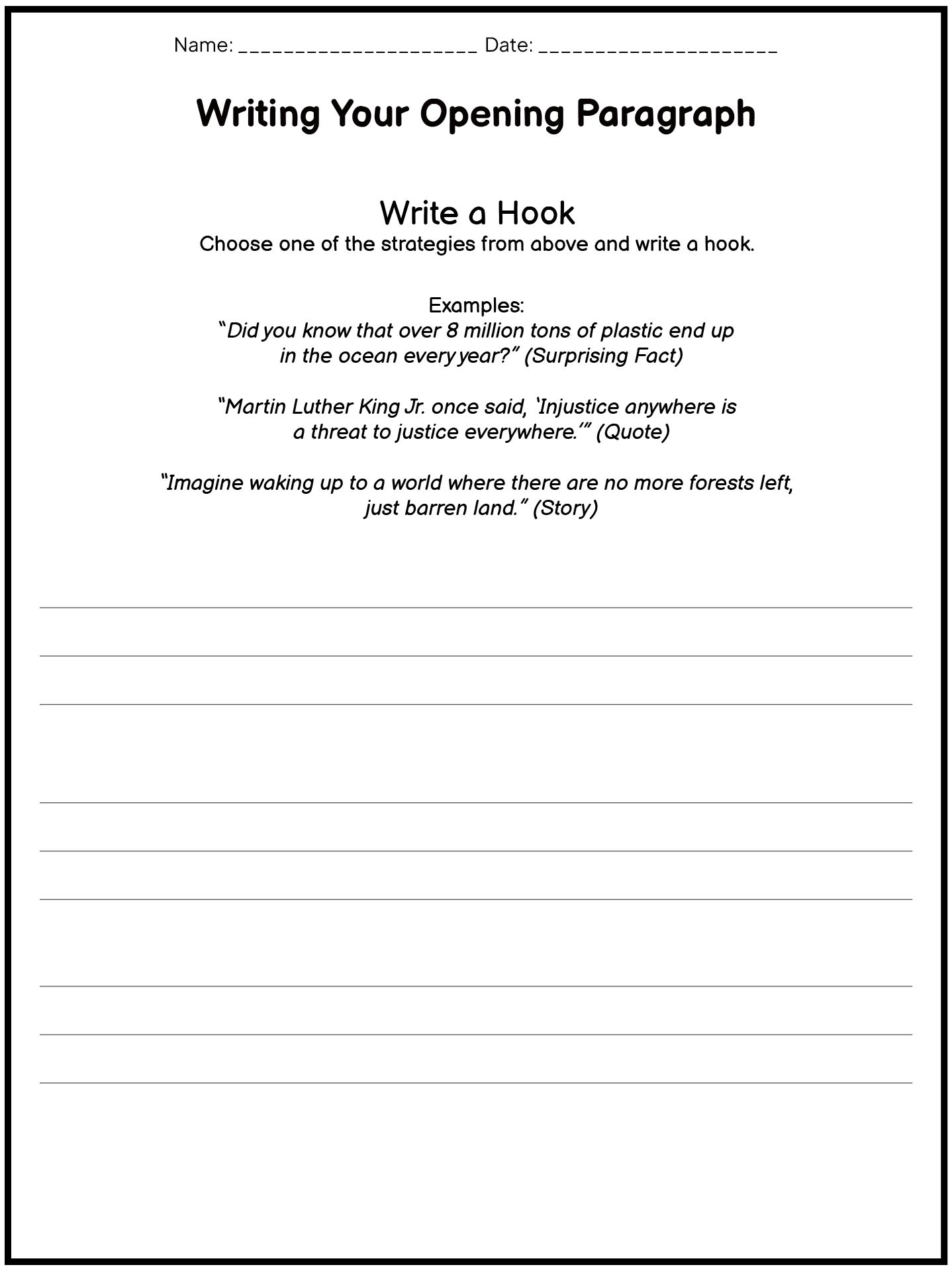 Opening Paragraph Development Worksheet