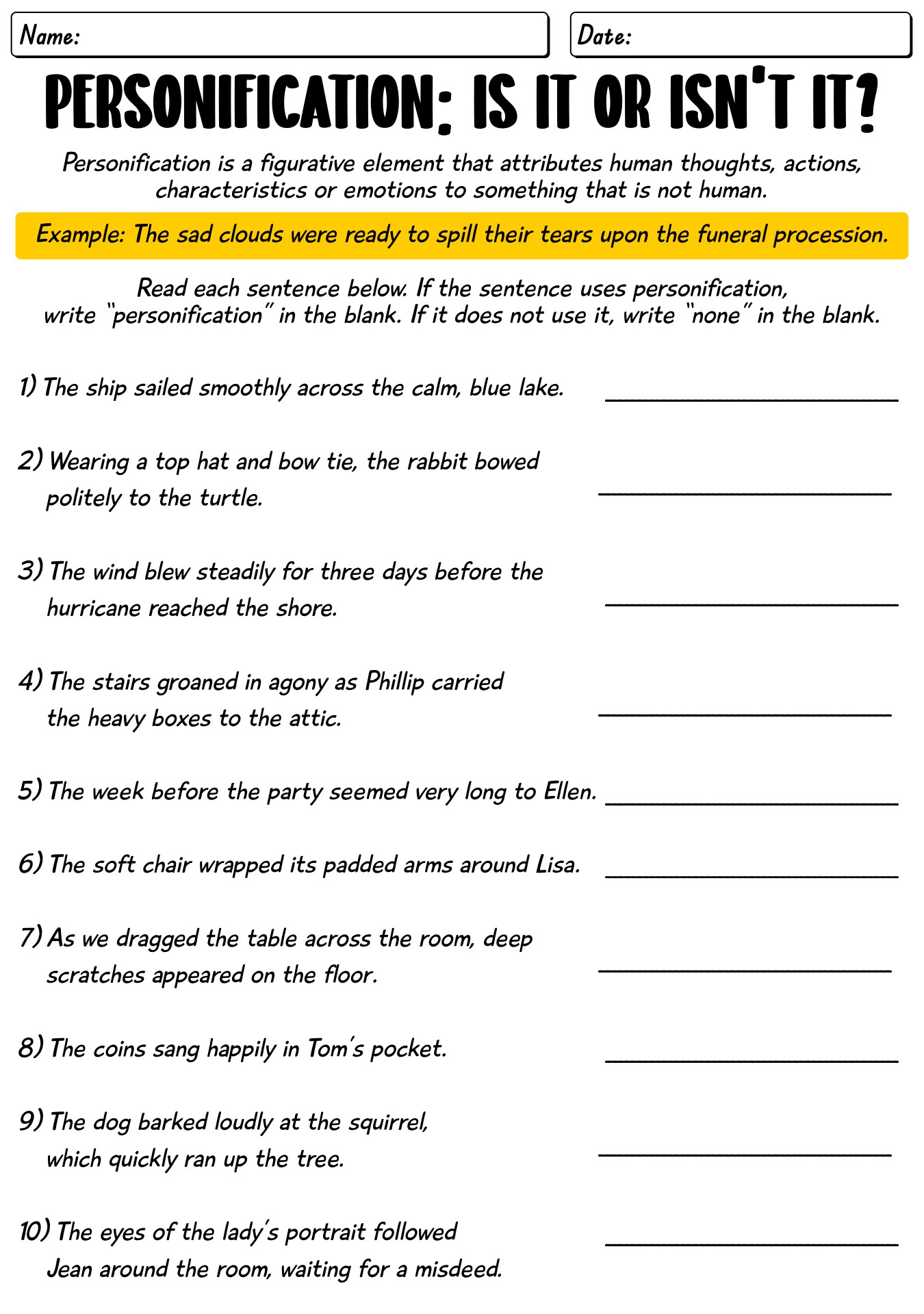 Personification Activity Sheets for High School Students