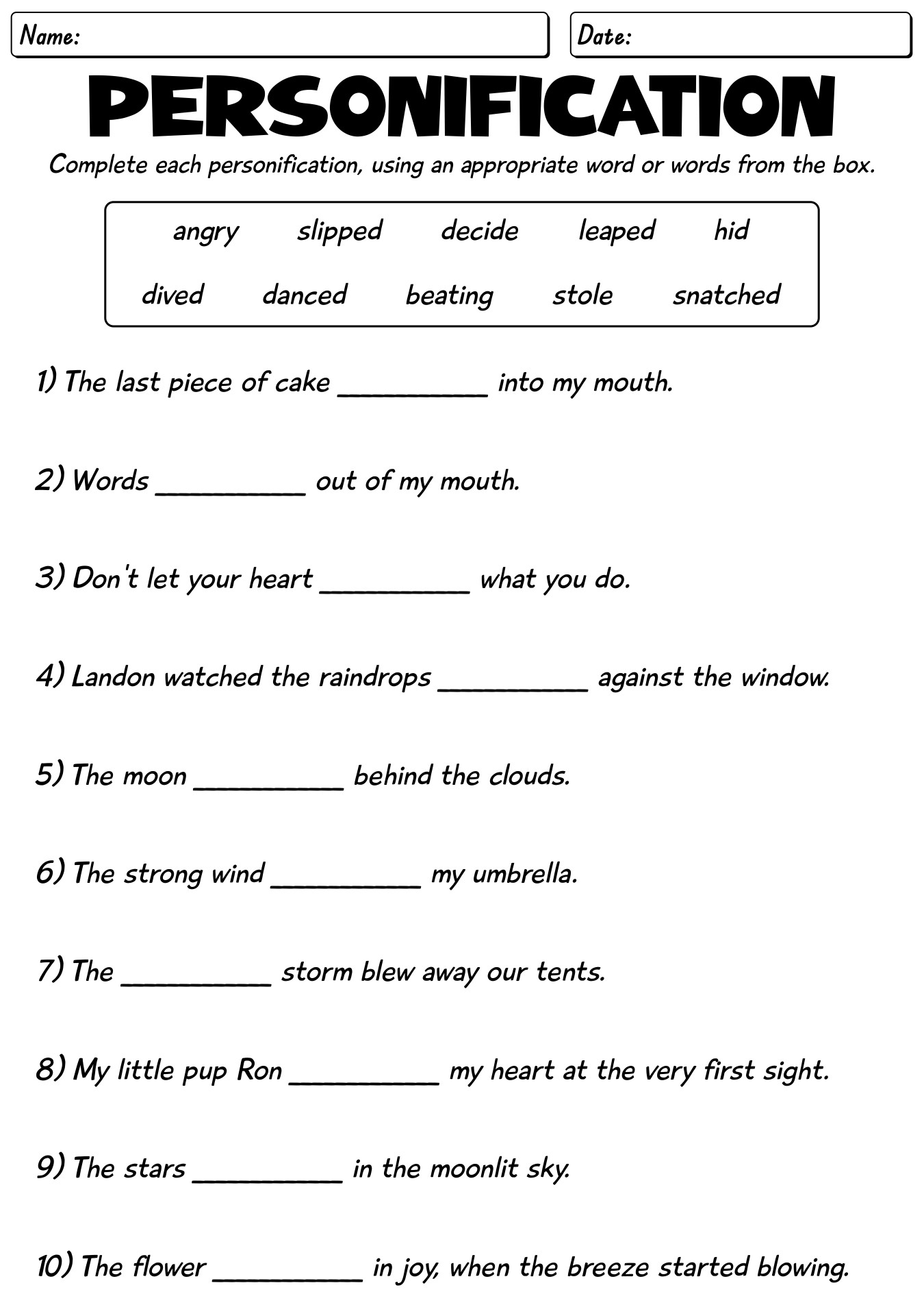 Personification Exercises for Middle School