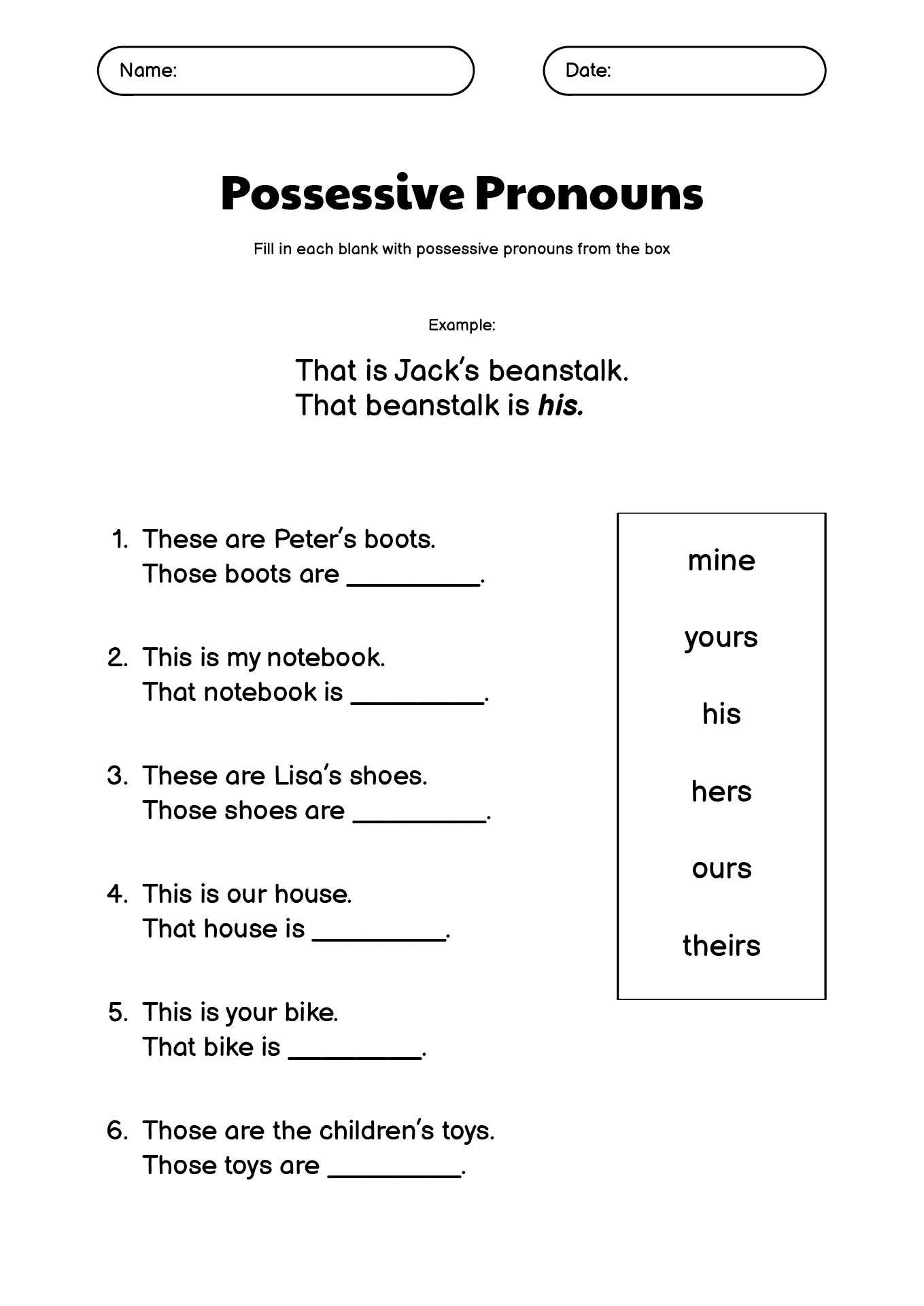 Possessive Pronouns Activity Sheets for ESL Learners