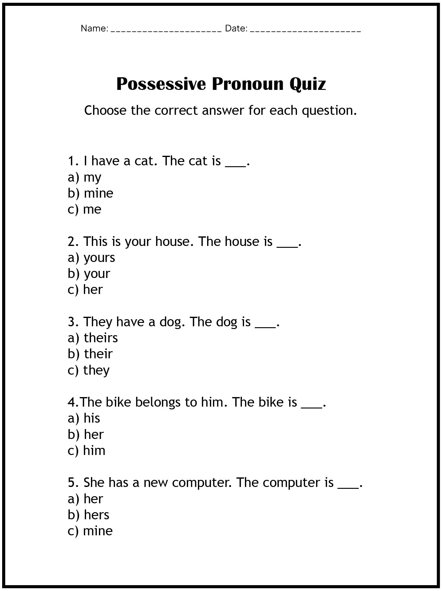 Possessive Pronouns Activity Worksheets for ESL Students