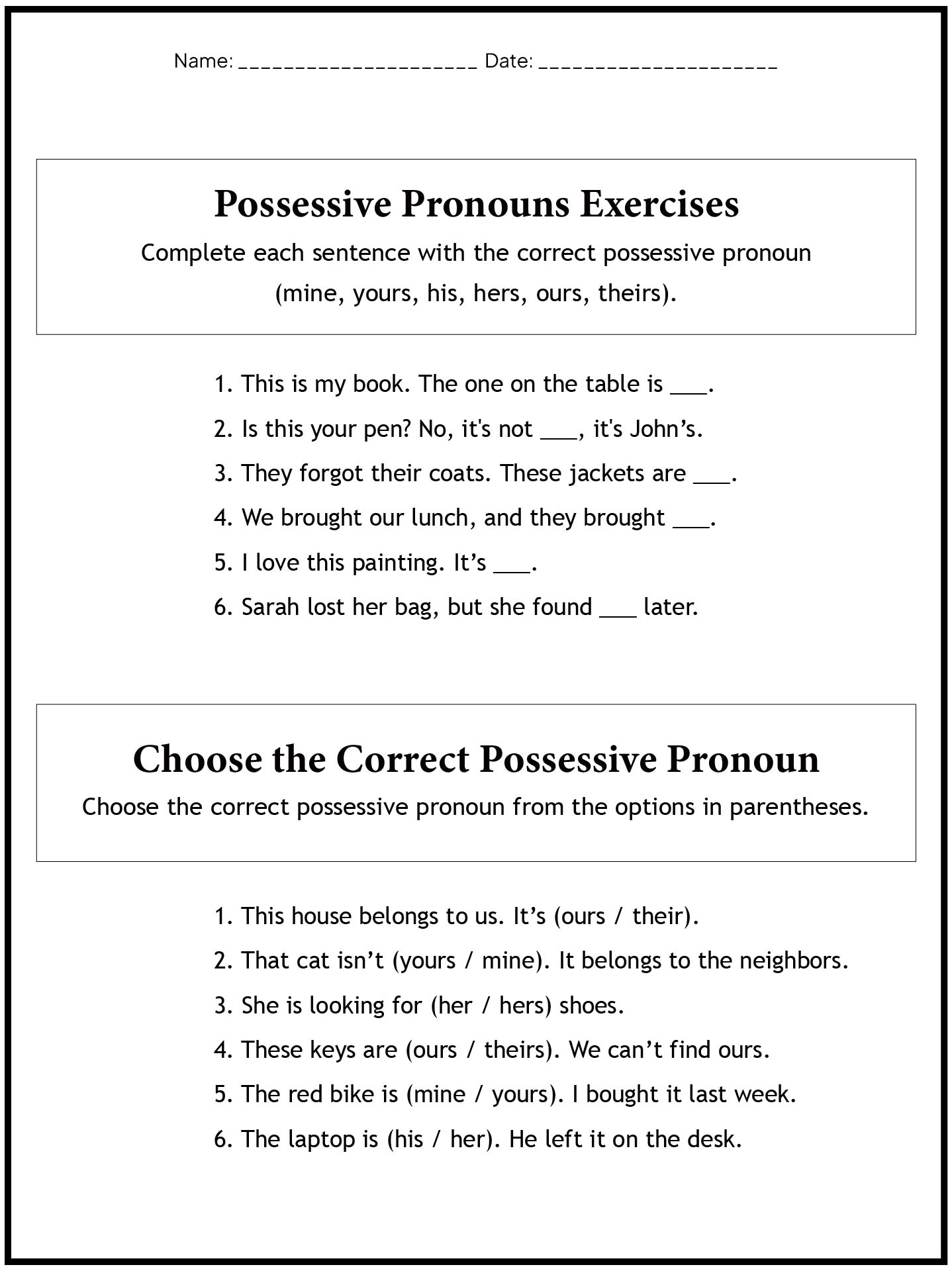 Possessive Pronouns Exercises for English Language Learners