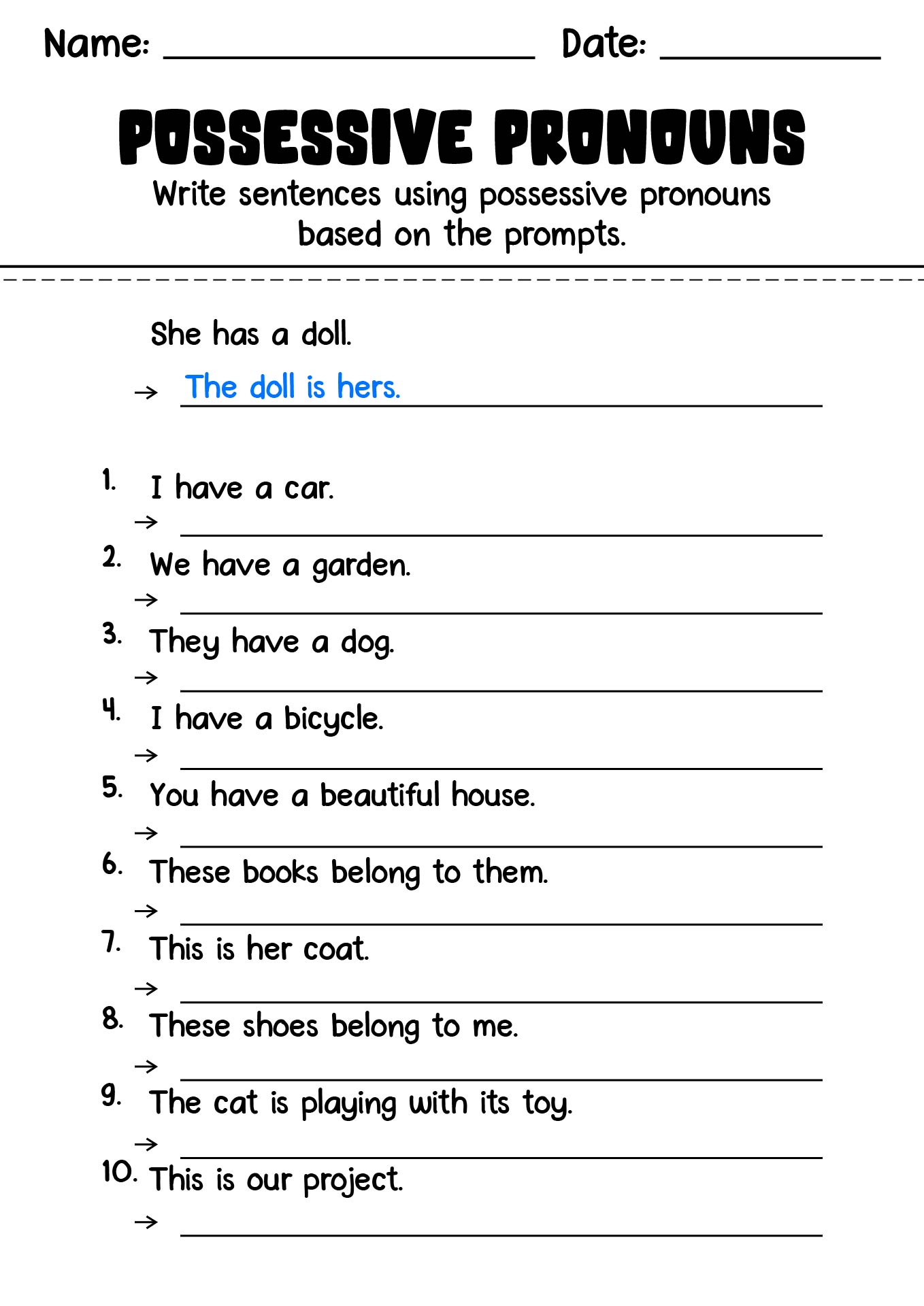 Possessive Pronouns Exercises for ESL Students