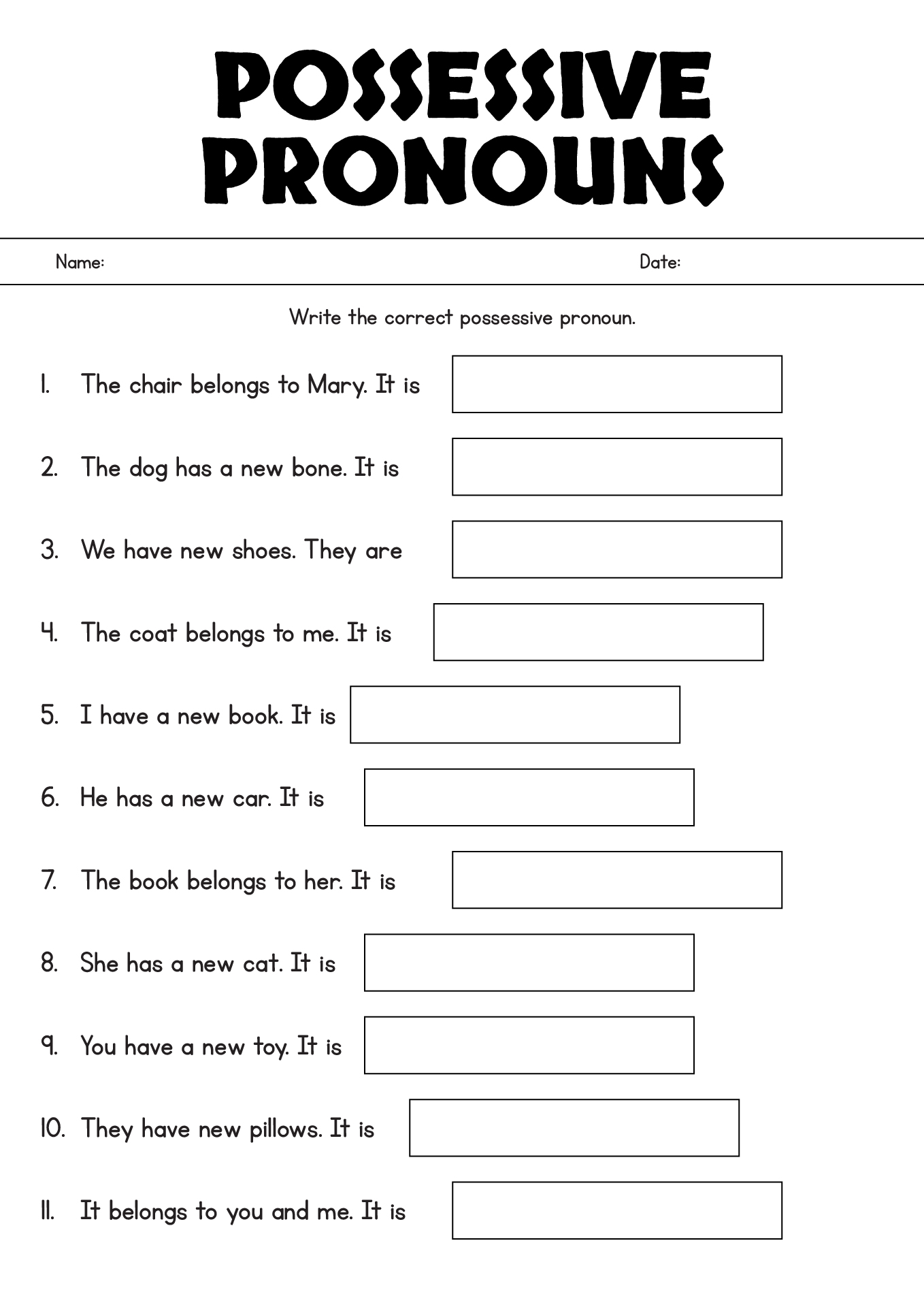 Possessive Pronouns Exercises For Kids