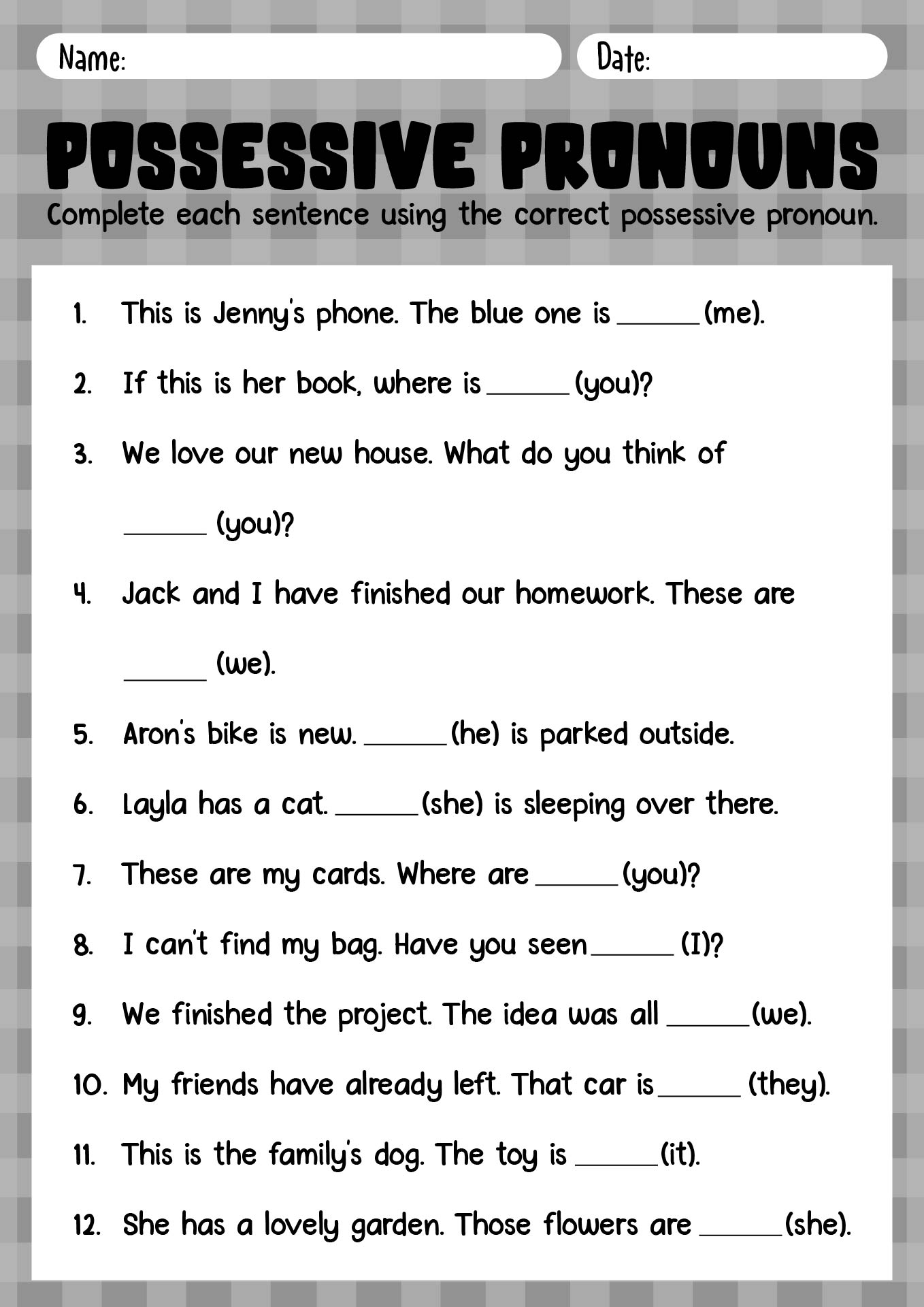 Possessive Pronouns Practice Sheets for ESL Learners