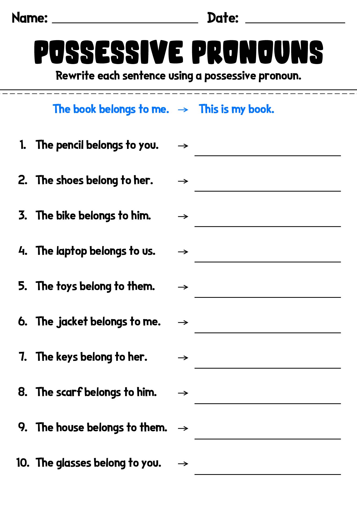 Possessive Pronouns Worksheet Pack for ESL Classes