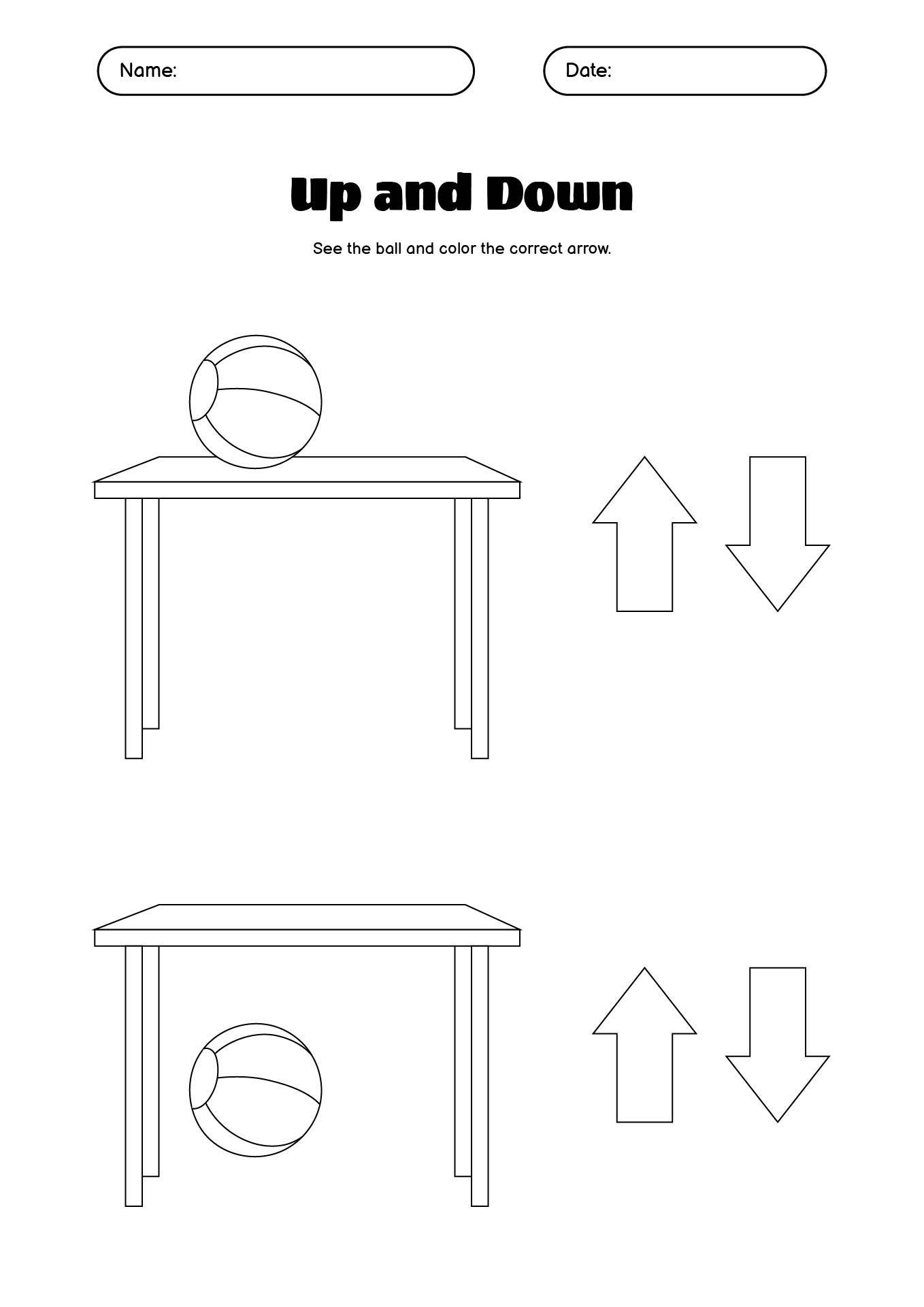 Preschool Learning Sheets for Up and Down Positions