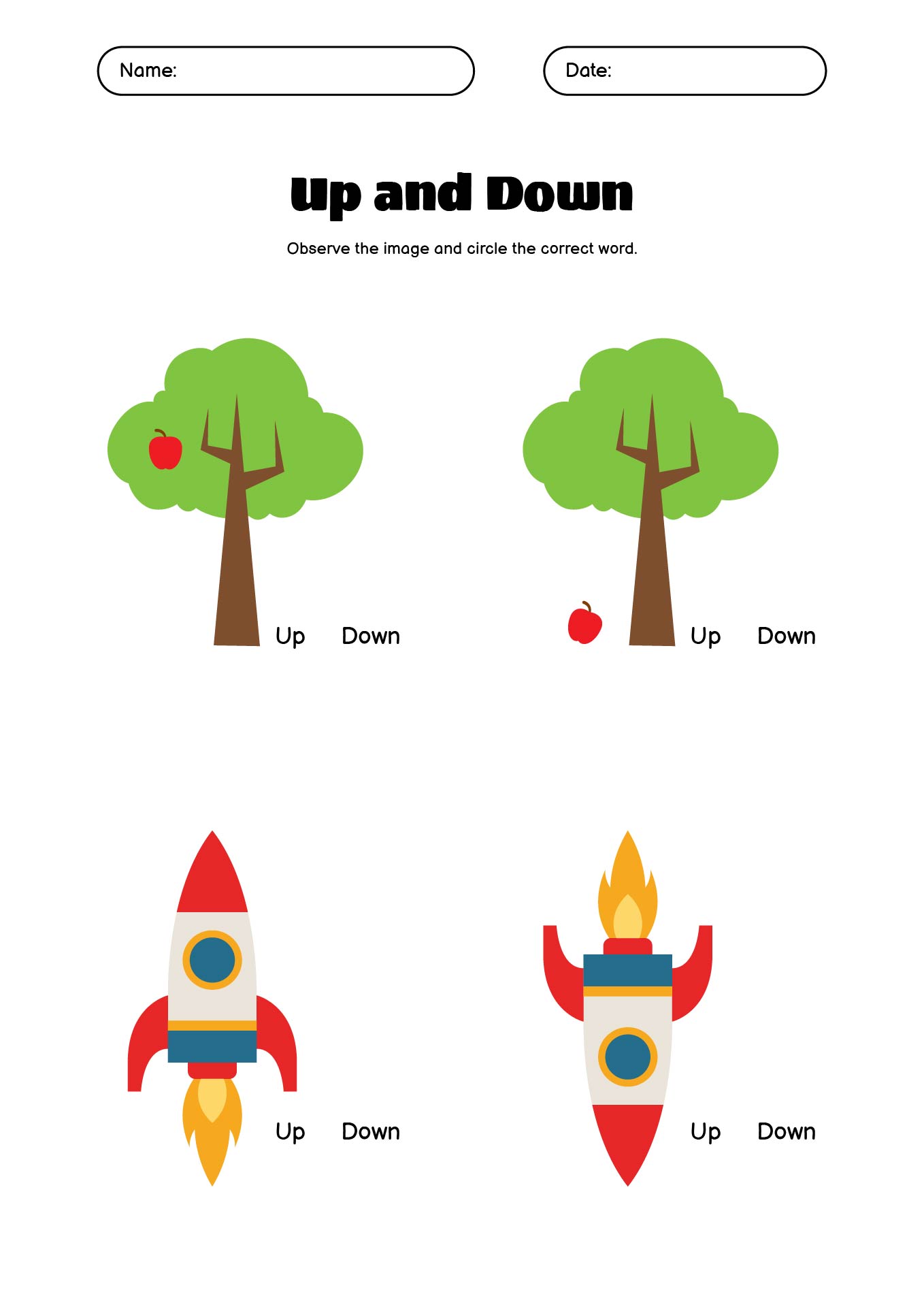 Preschool Worksheets on Understanding Up vs Down