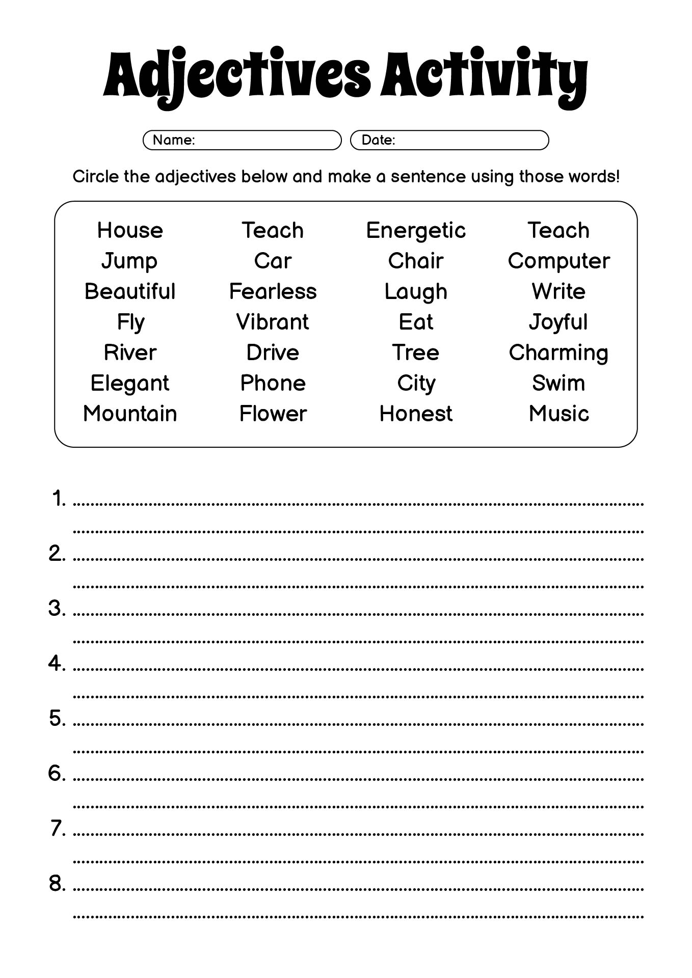 Printable Adjective Activity Sheets for Fourth Graders