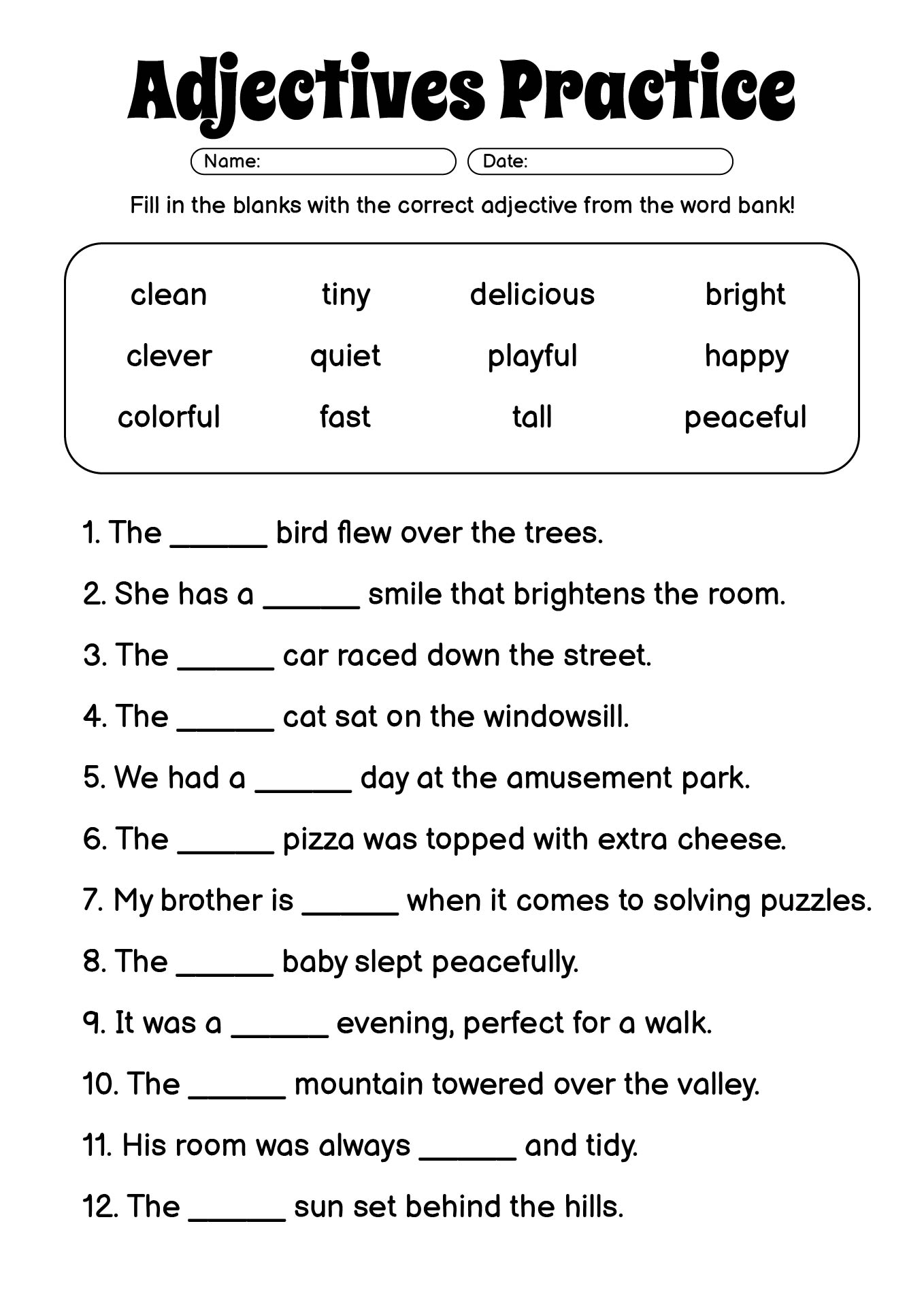 Printable Adjective Practice Worksheets for 4th Grade Students